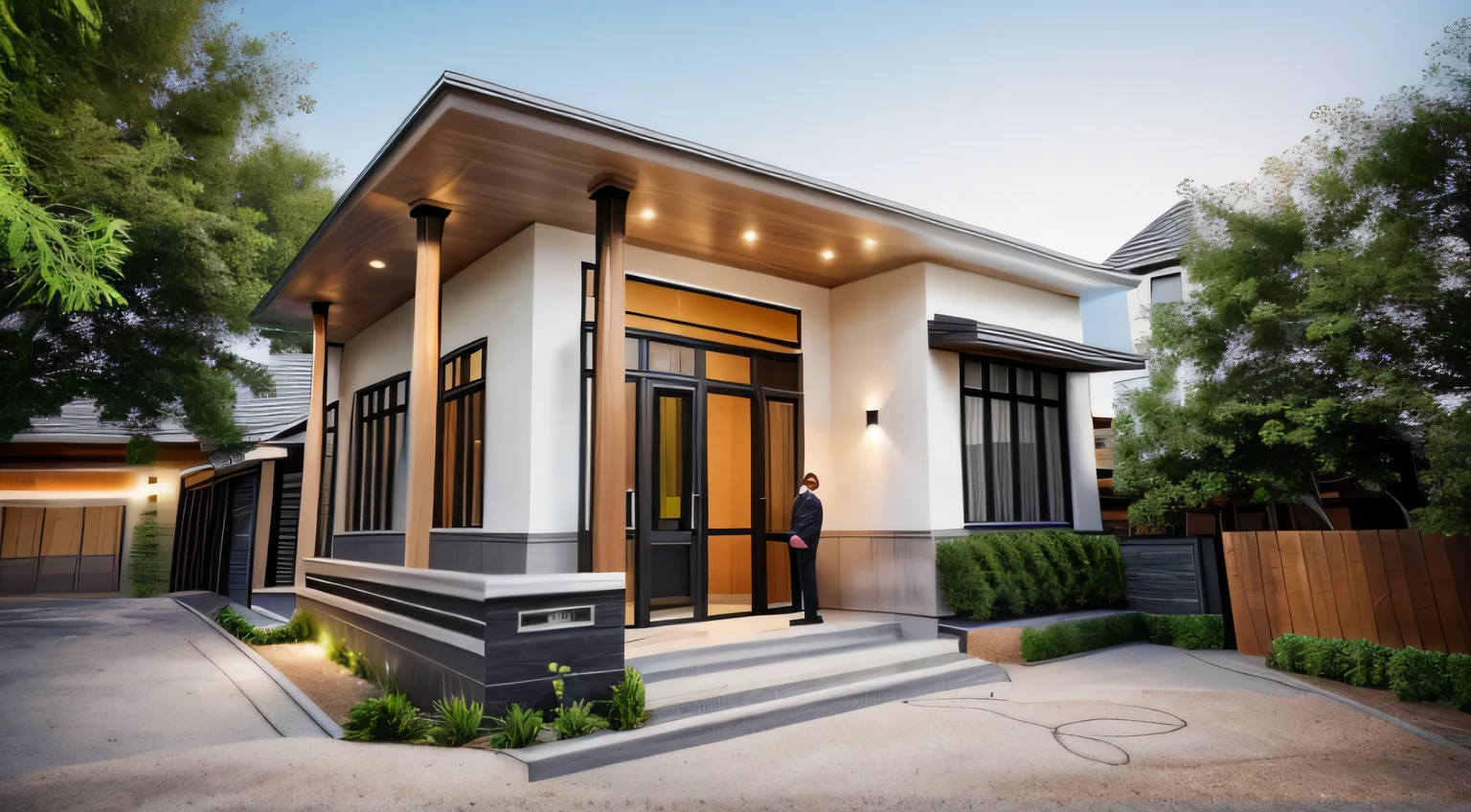 a view of a modern home with a large front yard, main material by white wall and stone and wood,  1 road runs in front of the house,  (RAW photo, real, best quality, masterpiece:1.2), look morden minimalist, 1 road in front of the house, shime ring light, light brighteness from indoor:1.2, dynamic lighting:1.3, (hyper realistic, photo-realistic:1.2), high quality, day lighht, hight contrast :0.5 perfect lighting, archdaily,  award winning contemporary, contemporary masterpiece, well-designed masterpiece, large modern residence, neotraditional modern, wide angle exterior 2022, midcentury modern, contemporary house, hip modern vibe, a long-shot from front, award winning modern design, stunning lines, residential, subtle detailing, light indoor:1.3