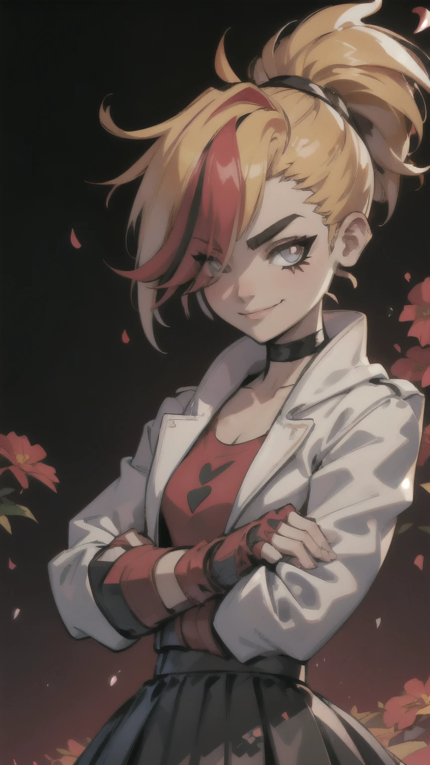 (best quality:1.2),solo,1girl,mdrin,smile,looking at viewer,crossed arms,ponytail,v-shaped eyebrows,white jacket,red shirt,fingerless gloves,black skirt,choker,illustration,floral garden background,warm color tones,soft lighting, Hair over one eye