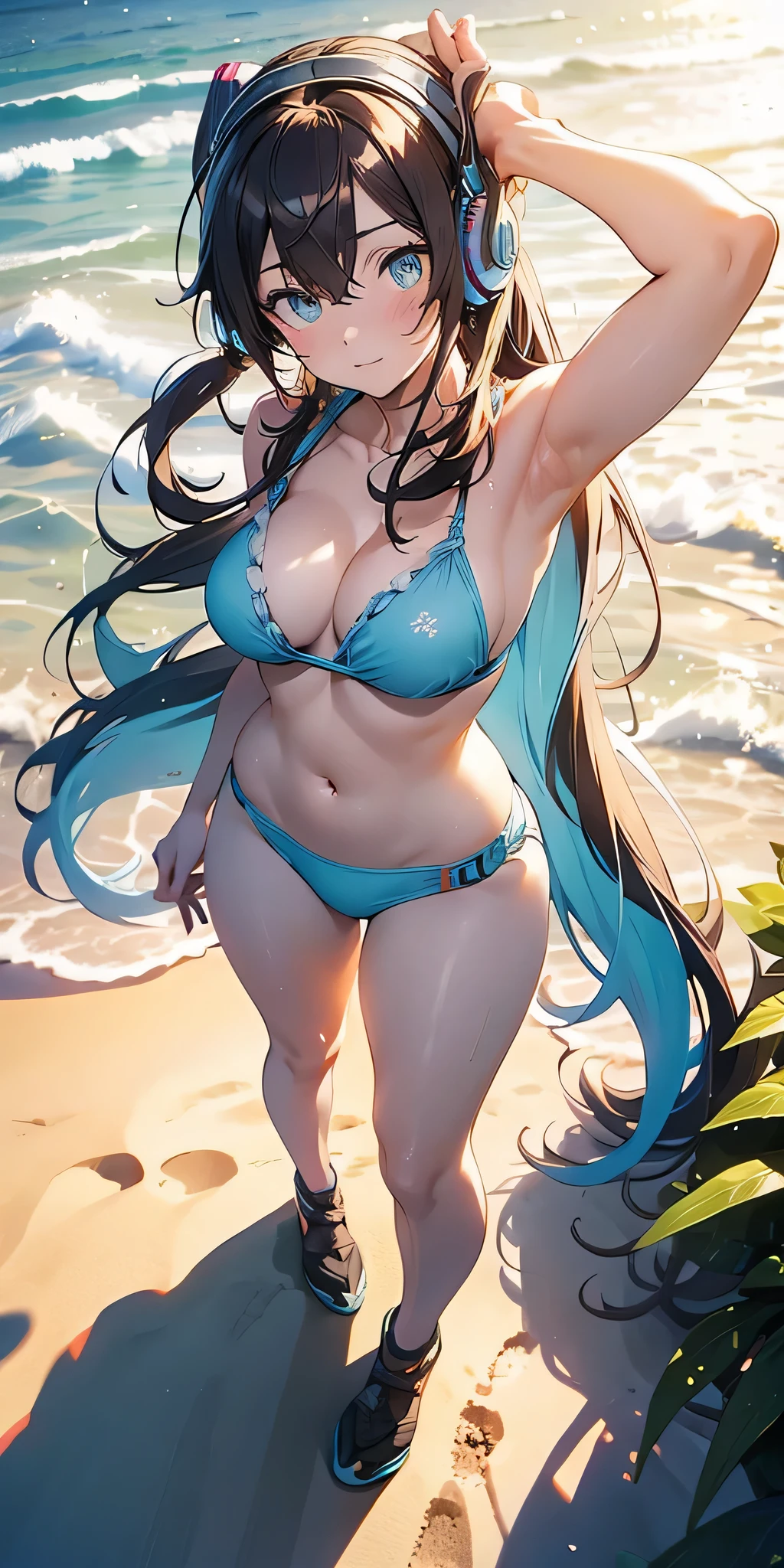 all inticate details: "(cowboy shot, full body, miku nakano, miku nakano, long hair, bangs, blue eyes, brown hair, hair between eyes, headphones, headphones around neck, nakano miku, firm breasts, medium breasts
BREAK bikini,
BREAK outdoors, beach,
BREAK looking at viewer, BREAK (masterpiece:1.2), best quality, high resolution, unity 8k wallpaper, (illustration:0.8), (beautiful detailed eyes:1.6), extremely detailed face, perfect lighting, extremely detailed CG, (perfect hands, perfect anatomy))" ,Miku nakano, ((random angle)) 