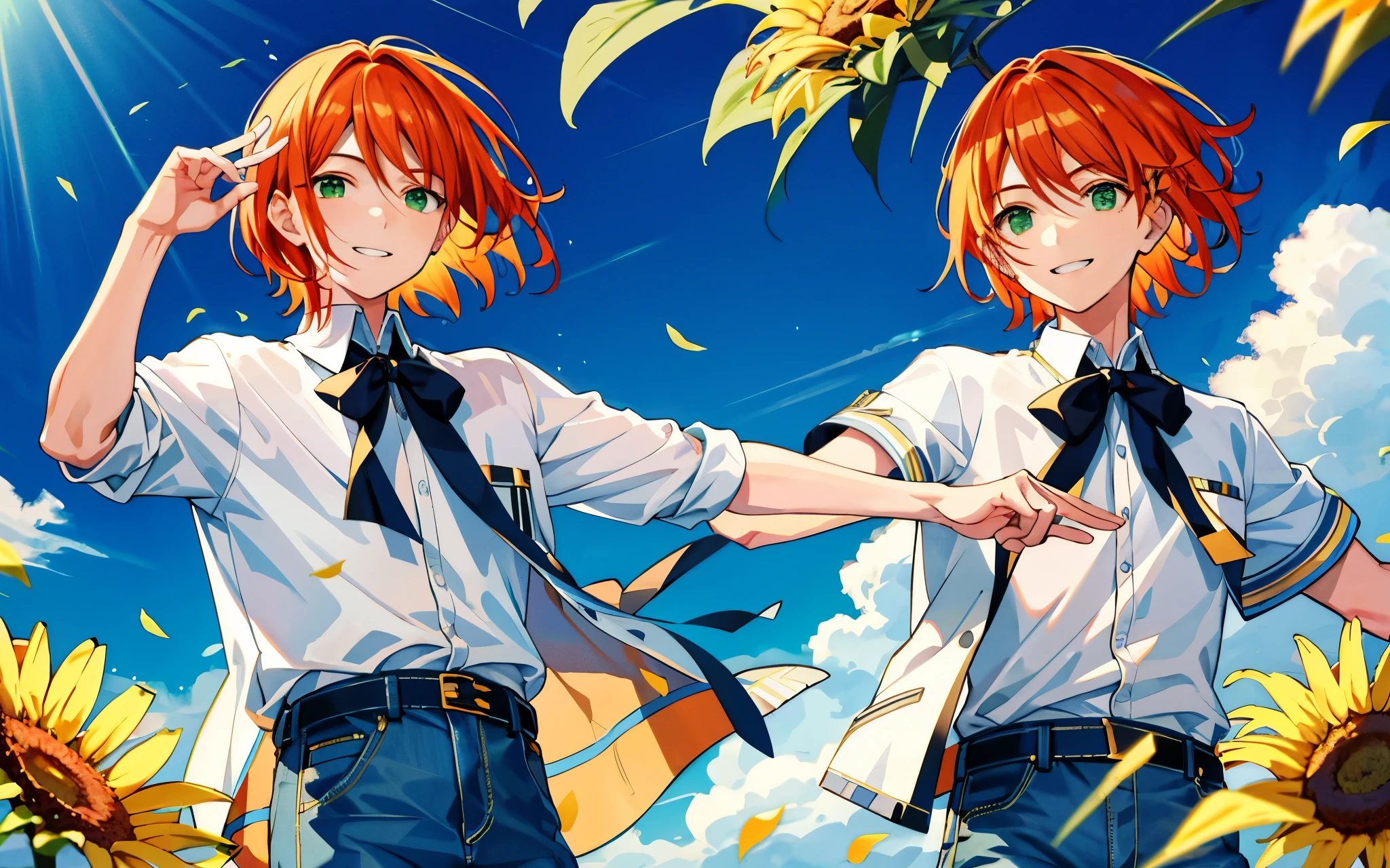 highest quality、perfect face、very detailed、very delicate、男alone,solo、 detailed face、golden ratio face、Gentle sunlight falls on my face,white collared shirt、ブルーのshorts、shorts、jeans、summer、Sunflowers are in full bloom、orange hair、medium hair、center division、green eyes、alone、fine eyes、detailed background、smile、take a look here、petal、blue sky、High level image quality、delicate fingers and hands、whole body、upright