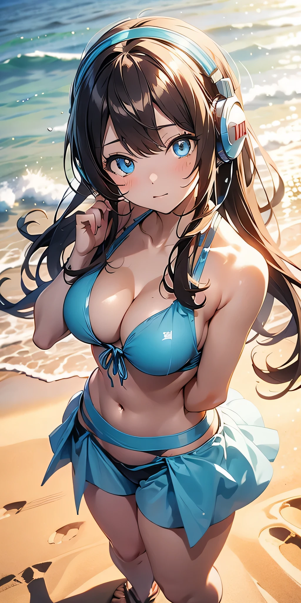 all inticate details: "(cowboy shot, full body, miku nakano, miku nakano, long hair, bangs, blue eyes, brown hair, hair between eyes, headphones, headphones around neck, nakano miku, firm breasts, medium breasts
BREAK bikini,
BREAK outdoors, beach,
BREAK looking at viewer, BREAK (masterpiece:1.2), best quality, high resolution, unity 8k wallpaper, (illustration:0.8), (beautiful detailed eyes:1.6), extremely detailed face, perfect lighting, extremely detailed CG, (perfect hands, perfect anatomy))" ,Miku nakano, ((random angle)) 