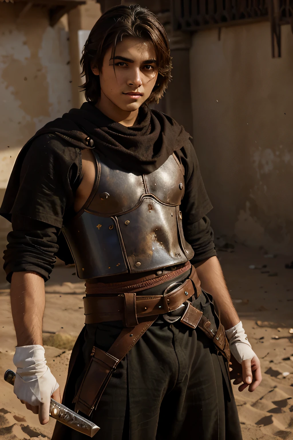 An 18-year-old prince of Persia with medium brown hair, olhos castanho claro, e pele parda, com luvas, a mando and pants, lutador do deserto antigo mago, arab samurai