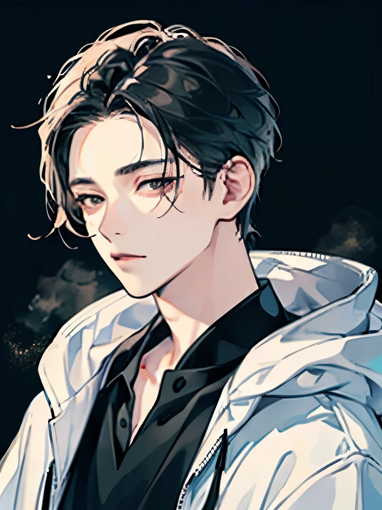 A man, simple, eye contact, face close-up, asian eyes, pale skin, black hair, dark black eyes, half closed eyes, hair slicked back, hoodie