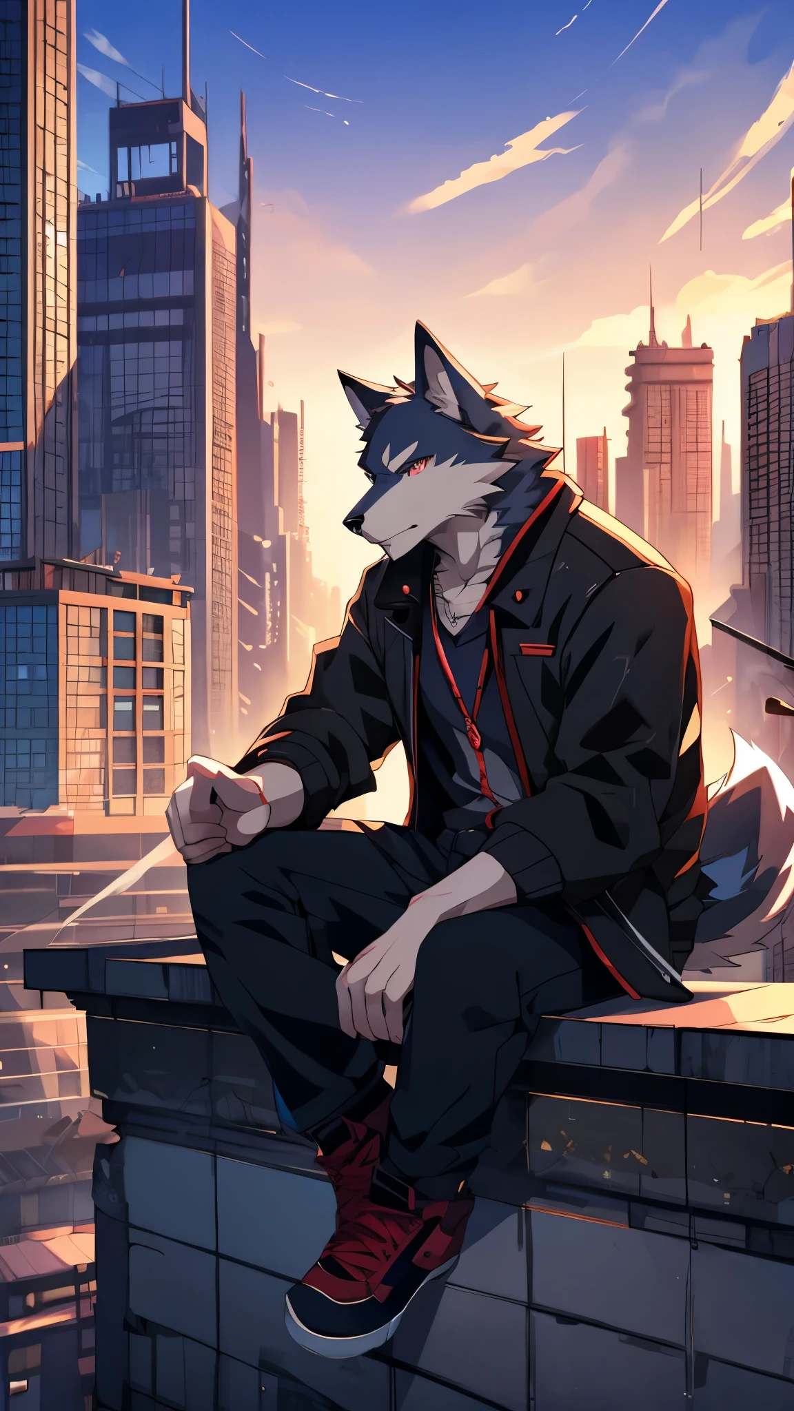 anime - style picture of a wolf man sitting on a ledge with a city in the background, lofi artstyle, anime style 4 k, inspired by Liam Wong, anime style. 8k, 4k anime wallpaper, anime art wallpaper 8 k, 2 d art, 2d art, badass anime 8 k, by Yuumei, anime art wallpaper 4k, (Wolf Tail)