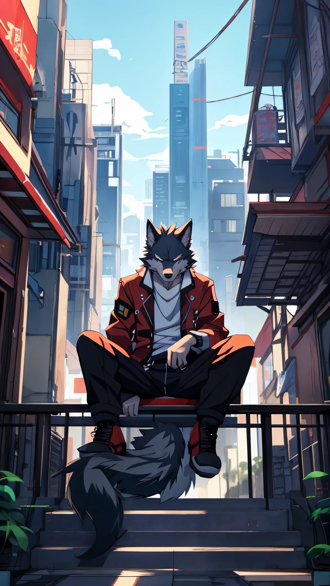 anime - style picture of a wolf man sitting on a ledge with a city in the background, lofi artstyle, anime style 4 k, inspired by Liam Wong, anime style. 8k, 4k anime wallpaper, anime art wallpaper 8 k, 2 d art, 2d art, badass anime 8 k, by Yuumei, anime art wallpaper 4k, (Wolf Tail)