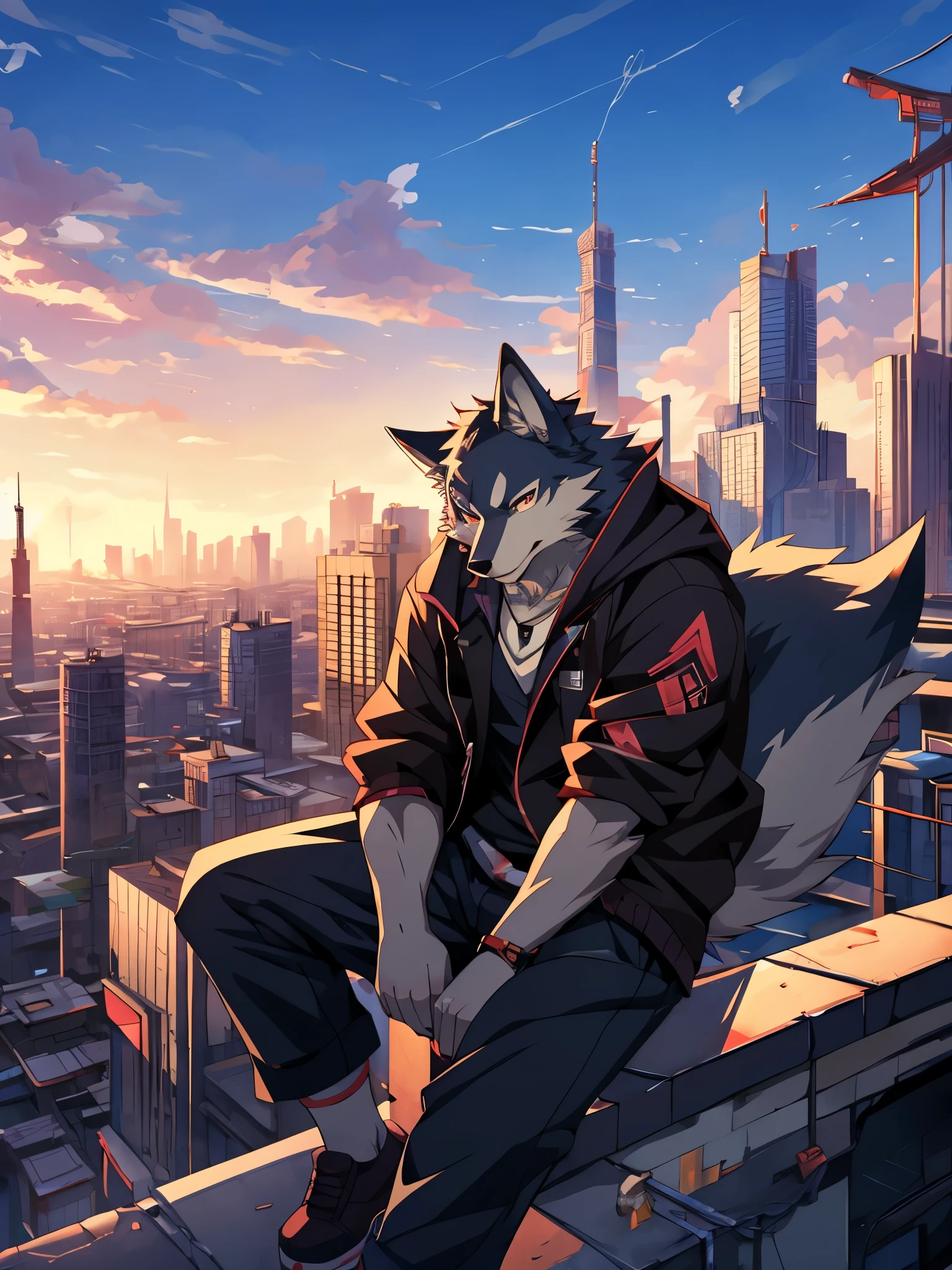 anime - style picture of a wolf man sitting on a ledge with a city in the background, lofi artstyle, anime style 4 k, inspired by Liam Wong, anime style. 8k, 4k anime wallpaper, anime art wallpaper 8 k, 2 d art, 2d art, badass anime 8 k, by Yuumei, anime art wallpaper 4k, (Wolf Tail)