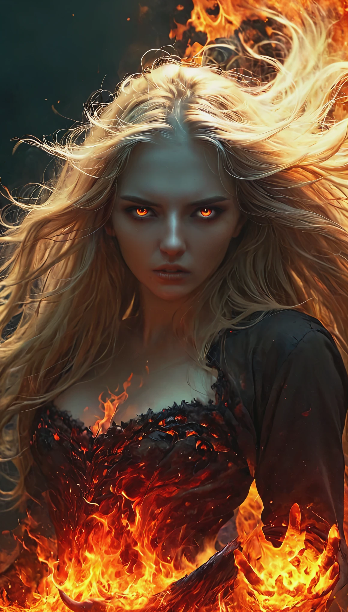 Blonde with long hair, The spirit of hell consumes a person's soul, filling him with horror, Death and despair.