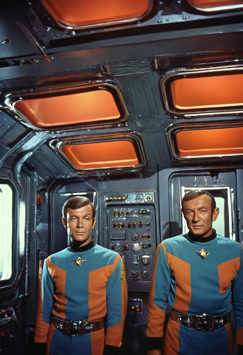 (((INNER IMAGE of a spaceship))) Internal image of an old starship from a 1960s TV series, Lost in Space, Republic series, Irwin Allen TV Show, science fiction, Star style colorful uniforms Trek and Lost in Space, retro look, Vintage, old style, PERFECT FACES like actors from the 1960s, (((full body character framing))), ((PERFECT FACES)), large, very colorful internal set, ((PERFECT FACES)), crew, enhanced faces, alien, robot, Science Fiction, TV studio lighting, old style image, TV series style, (((inside doors))), (((insert a robot))), ((((ROBOT)))