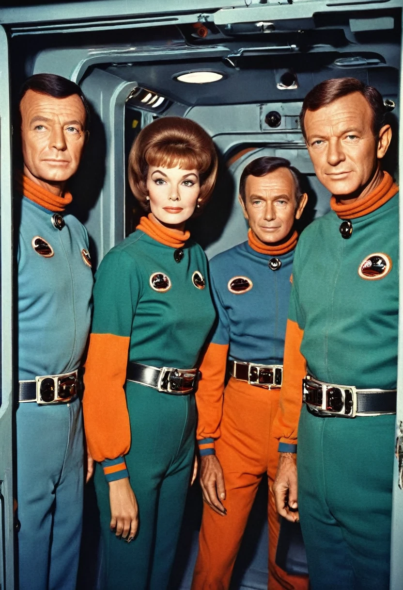 (((INNER IMAGE of a spaceship))) Internal image of an old starship from a 1960s TV series, Lost in Space, Republic series, Irwin Allen TV Show, science fiction, Star style colorful uniforms Trek and Lost in Space, retro look, Vintage, old style, PERFECT FACES like actors from the 1960s, (((full body character framing))), ((PERFECT FACES)), large, very colorful internal set, ((PERFECT FACES)), crew, enhanced faces, alien, robot, Science Fiction, TV studio lighting, old style image, TV series style, (((inside doors))), (((insert a robot))), ((((ROBOT)))
