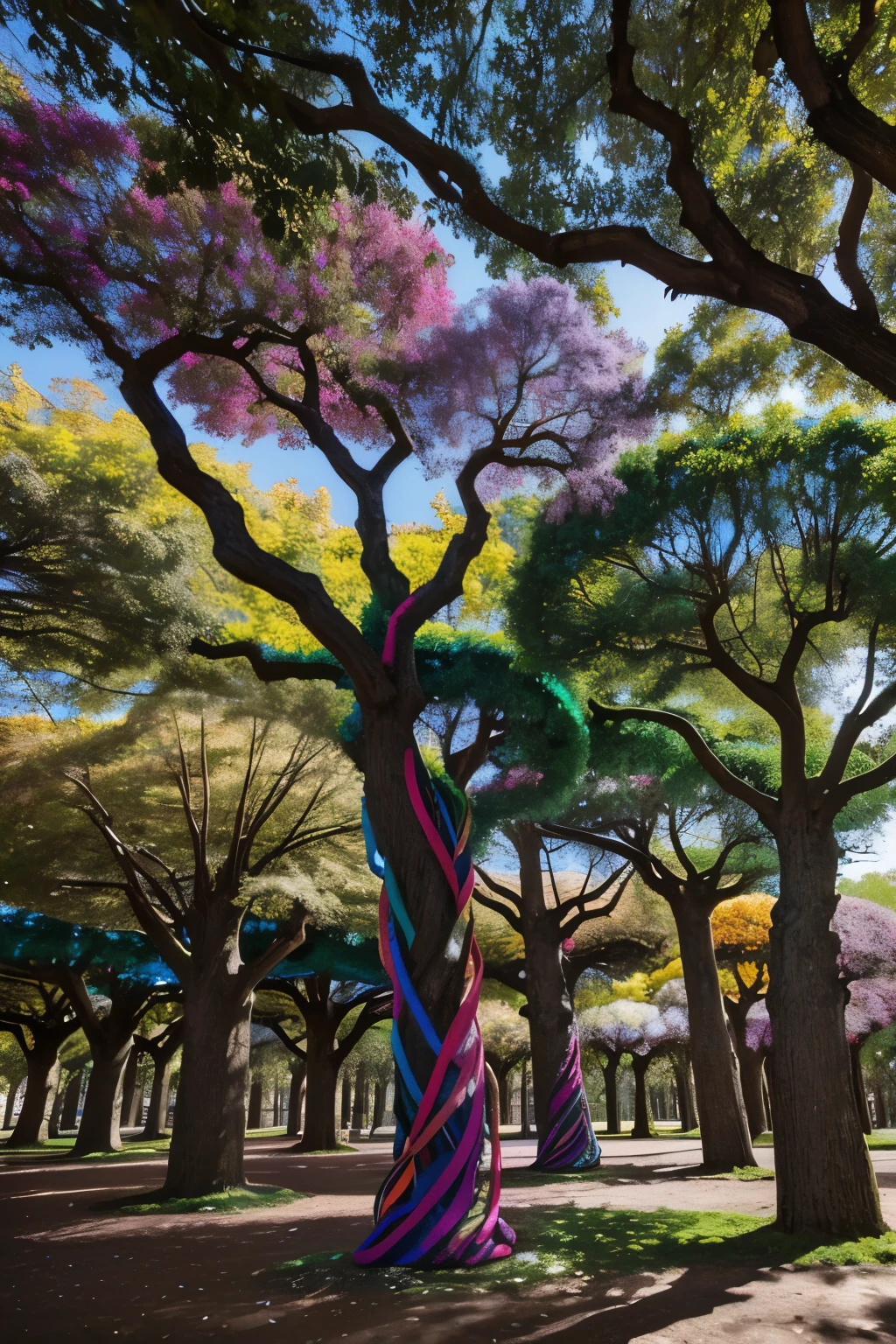 there are many colorful knitted trees in the park, outdoor art installation, limbs made from vines, winding around trees, knotted trees, twisting trees, art installation, vine art, hanging trees, trees swaying to the beat, forest of neckties, multi - coloured, vines hanging from trees, made out of wool, colorful otherworldly trees