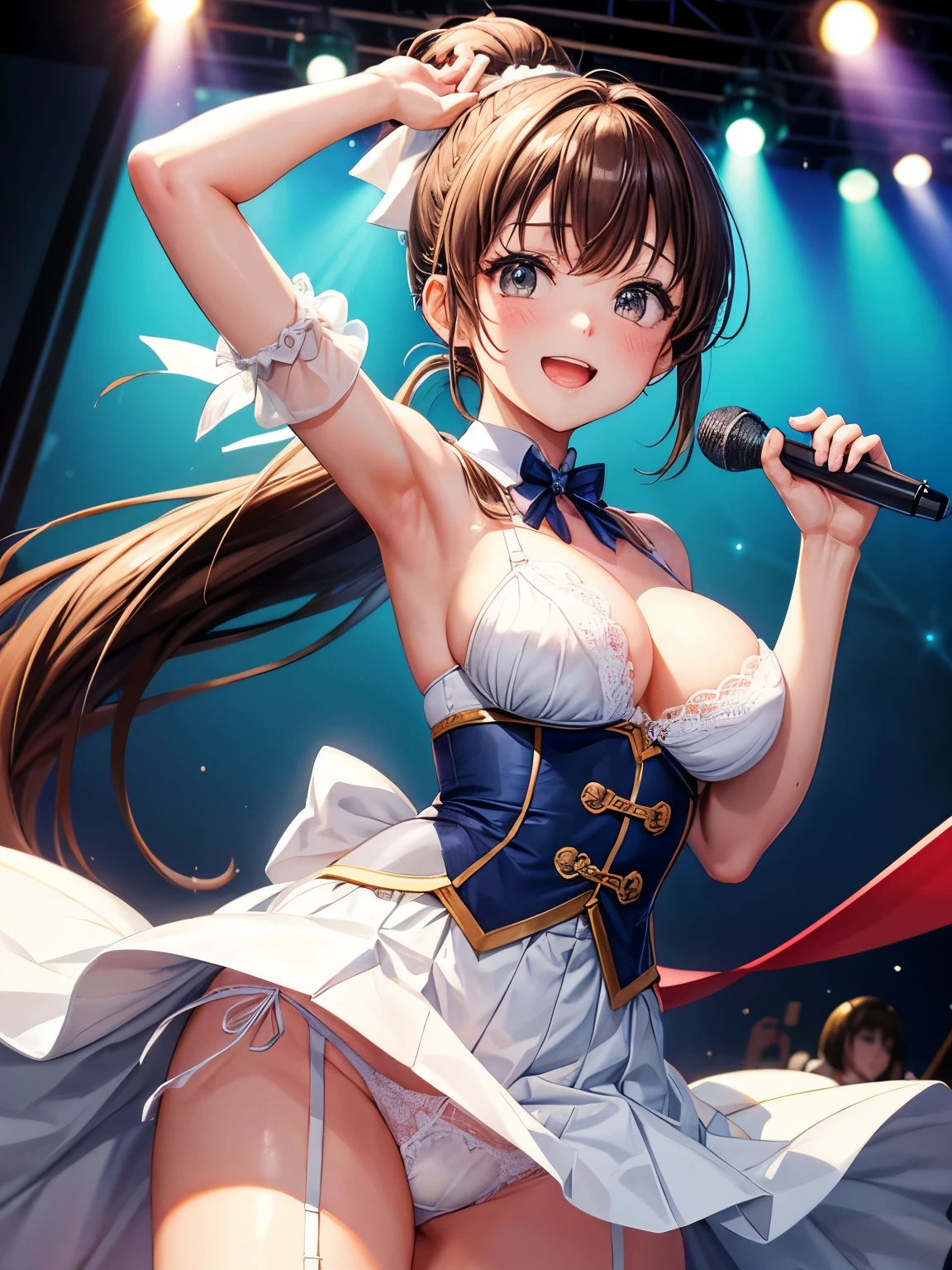 highest quality、All limbs、full finger、Slender beauty、ponytail、brown hair, navy blue, 白とnavy blueのアイドル衣装、その衣装にはnavy blueのアイドル風コルセットがある, That costume has a ribbon on the collar.、The costume is on the shoulders and underarms.、Covers the upper arms and arms, That costume only opens wide at the chest.、high socks、beautiful big breasts、Outdoor Live Stage、sing、holding a microphone, dancing、big smile、(white side-tie lacy panties:1.1), skirt lift, show off panties, (shirt lift:0.6), (show off bra:0.95), (white lacy bra:0.97), (erect nipples:0.9), Angle looking down from the front