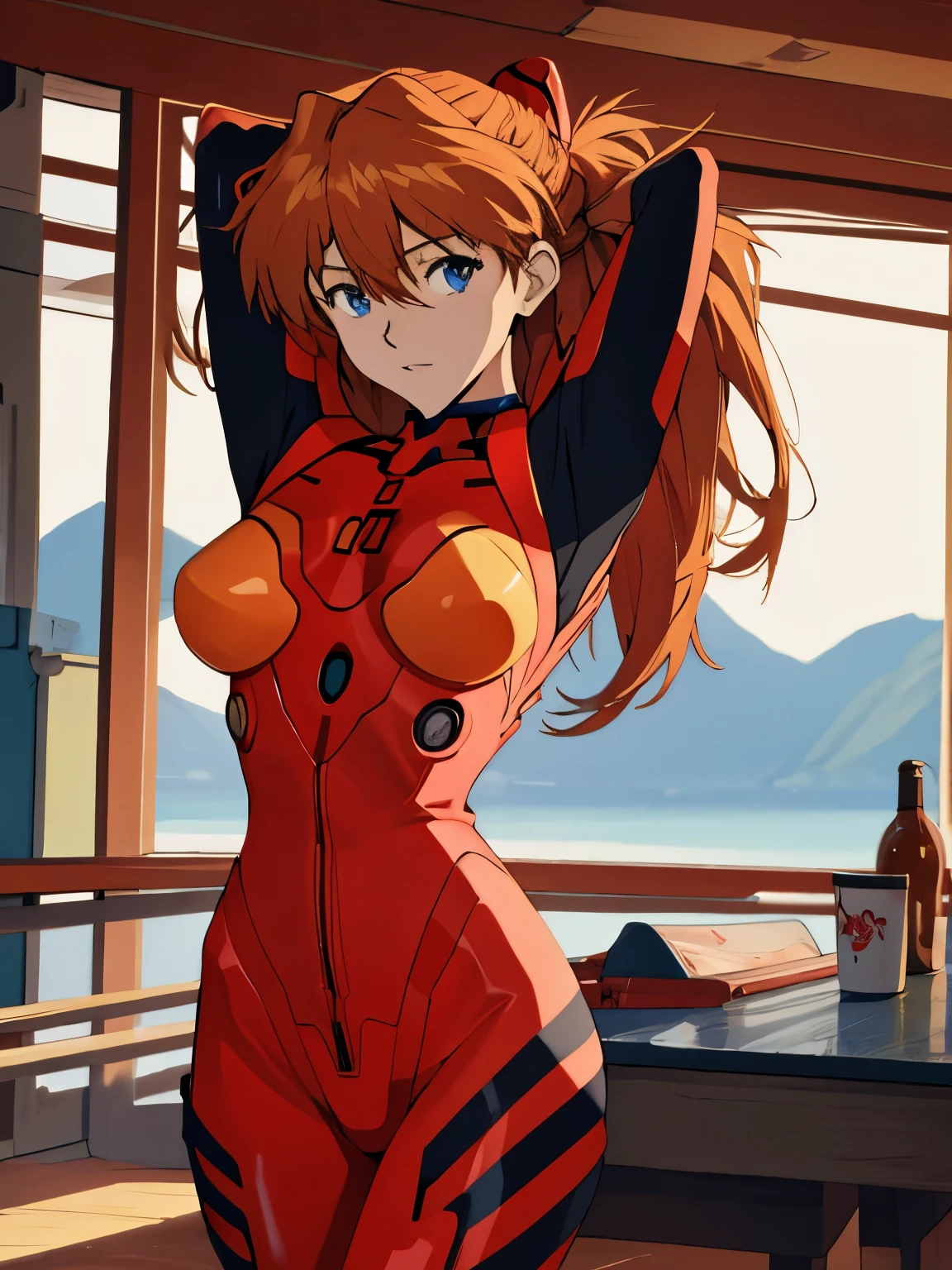 Soryu Asuka Langley, (table top, highest quality, become familiar with), 1 girl,sexy, huge breasts,  alone, arm behind head, cowboy shot, interface headset, red bodysuit, simple background.