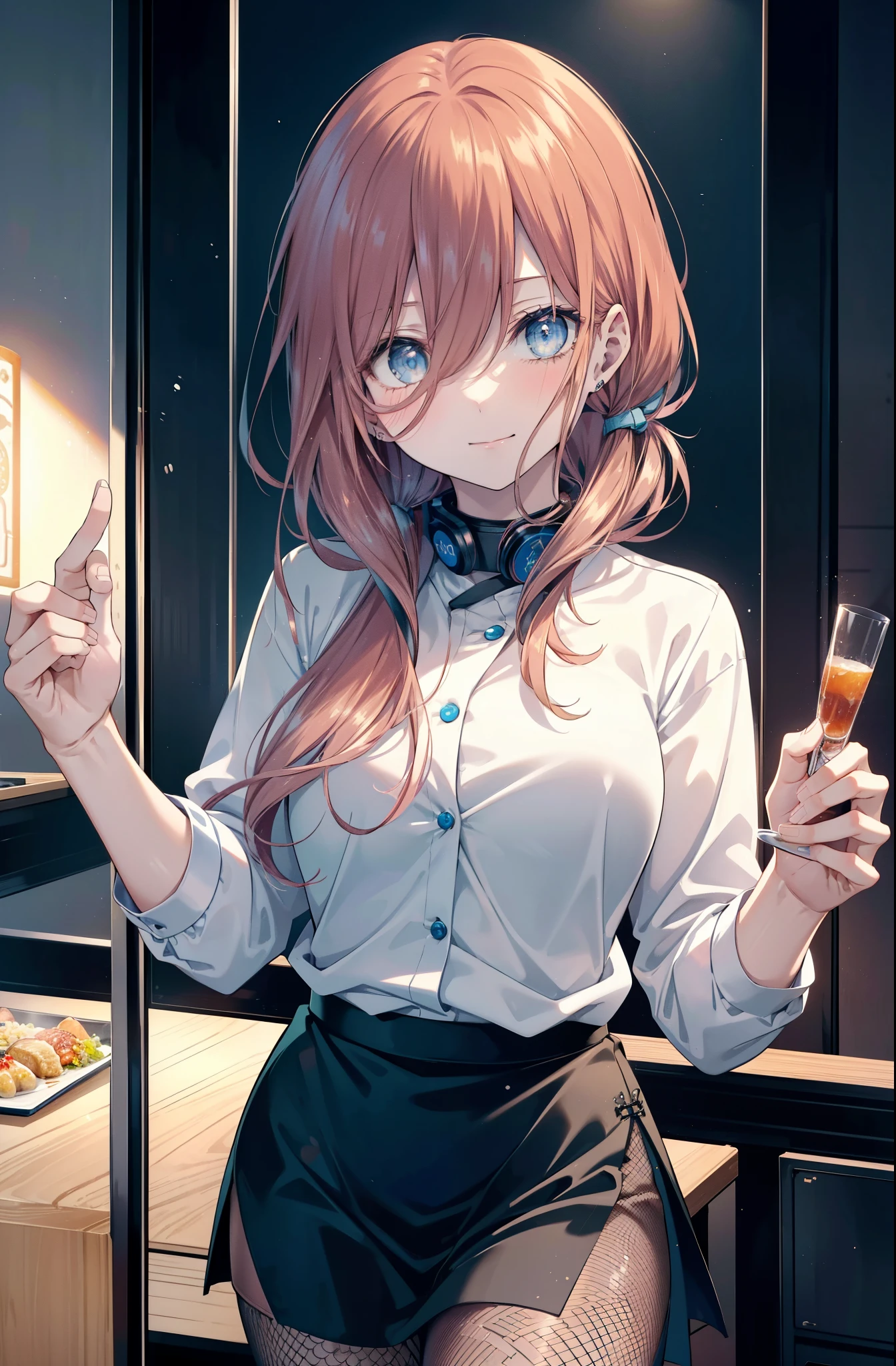 Miku Nakano, Miku Nakano chicke iii, long hair, bangs, blue eyes, brown hair, hair between eyes, smile,blush,headphones around neck,blue cheongsam,blue long slit skirt,Fishnet tights,stiletto heels,indoor, remainder, food, drink, table and chairs, cleaning, tray, tray in one hand
break indoors, Chinese style restaurant,
break looking at viewer, (cowboy shot:1.5), (Upper body:1.5),
break (masterpiece:1.2), highest quality, High resolution, unity 8k wallpaper, (figure:0.8), (detailed and beautiful eyes:1.6), highly detailed face, perfect lighting, Very detailed CG, (perfect hands, perfect ???????),