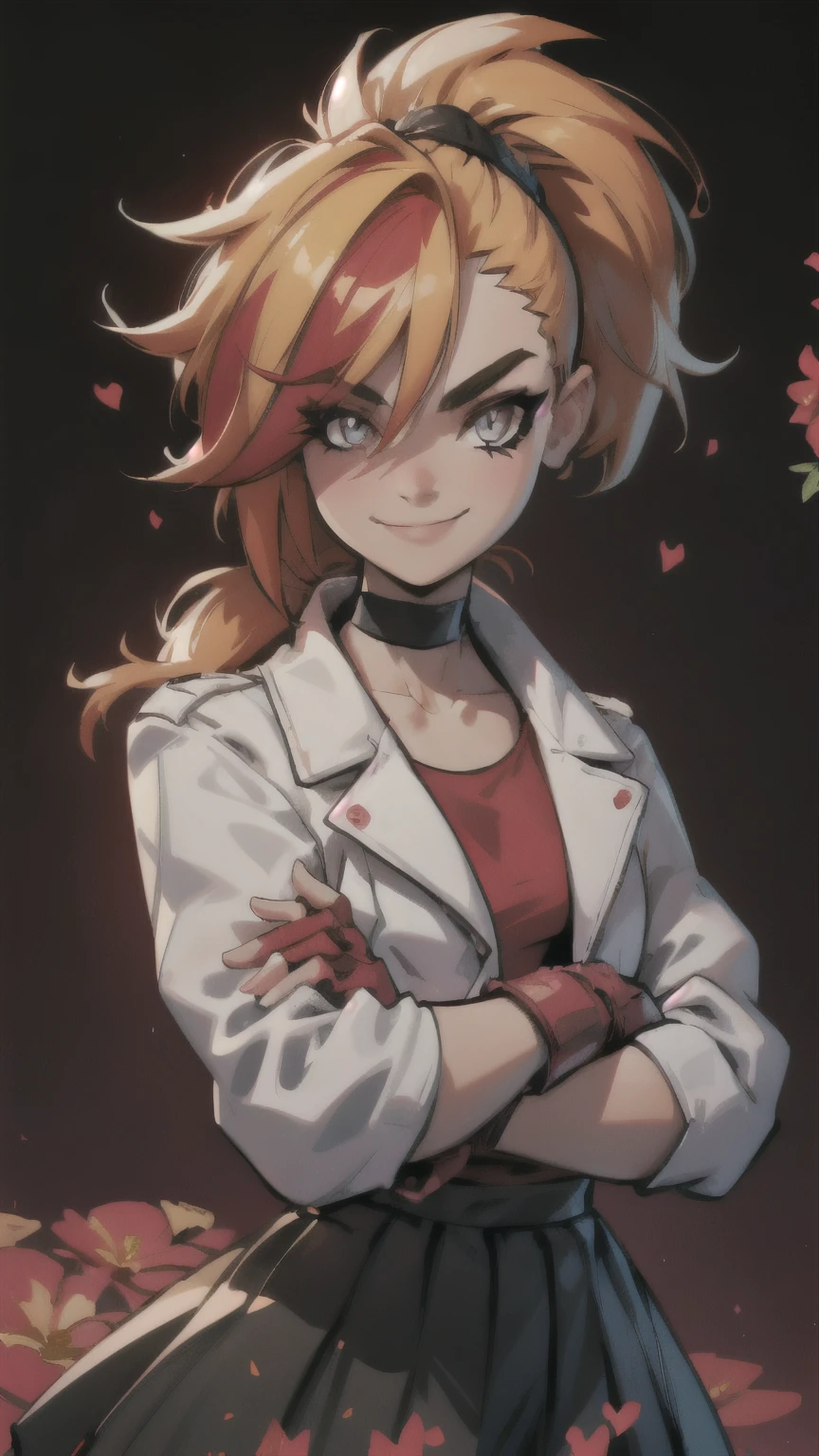 (best quality:1.2),solo,1girl,mdrin,smile,looking at viewer,crossed arms,ponytail,v-shaped eyebrows,white jacket,red shirt,fingerless gloves,black skirt,choker,illustration,floral garden background,warm color tones,soft lighting, Hair over one eye