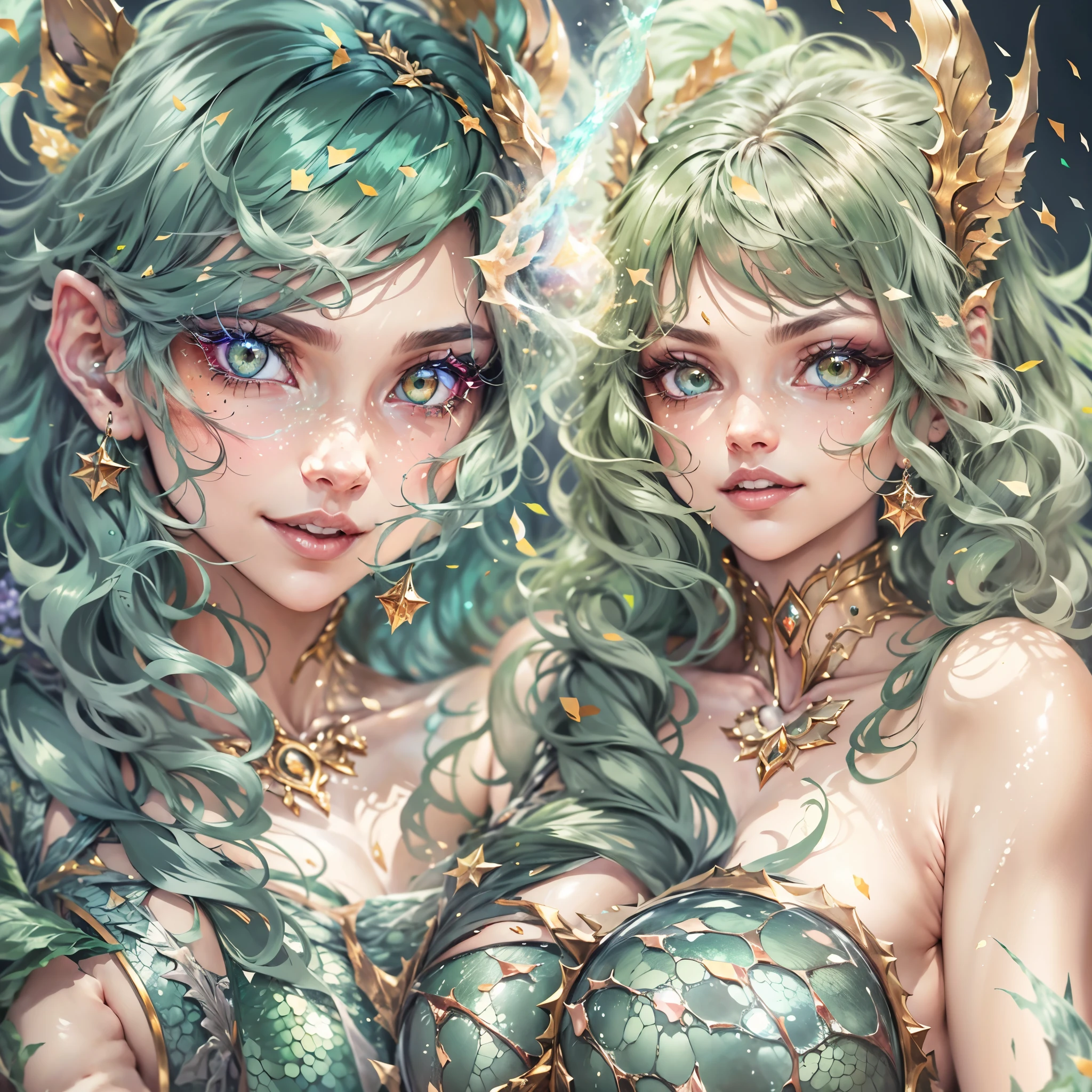(best quality,4k,8k,highres,masterpiece:1.2), ultra-detailed, realistic, naked sexy dragon woman with green glittering scales, skin is glittering emerald green scales, medium length wavy green hair, very playful but mischievous smile, huge tits, gigantic breasts, naked, nude, detailed crotch, detailed vulva, detailed pussy, sexy pose, spread legs, spread pussy lips, playful, bi-coloured eyes, heterochromia, lustful