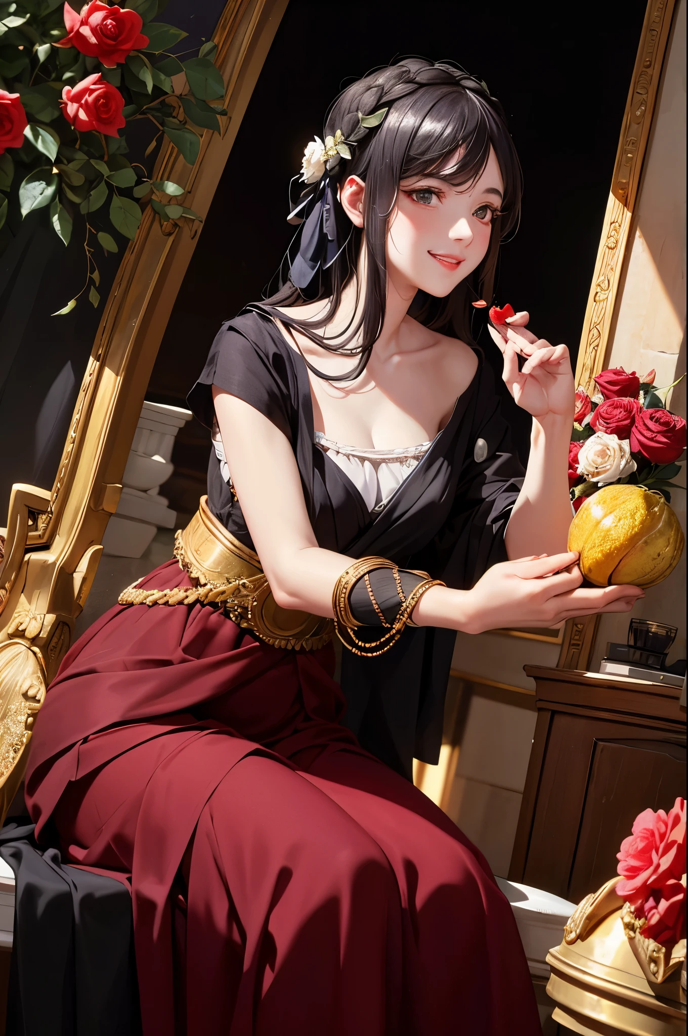 ancient greek girl, clothes of ancient Greece, Miss, pure smile, Caravaggio's paintings, roses, fruit, tons、 ,caravaggio chiaroscuro, dark background,to express happiness,Lovely smile,laugh out loud