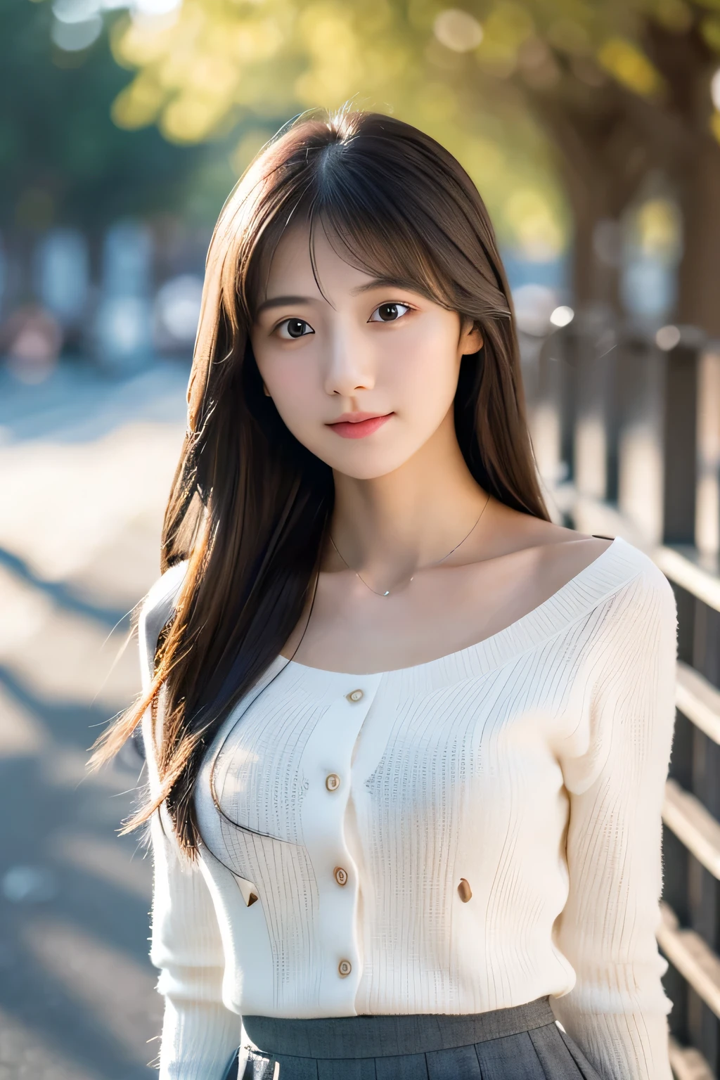 masterpiece, highest quality, Photoreal, Super detailed, finely, High resolution, 8k wallpaper, Professional, Advanced level of detail, Female college student, Slender Japan woman, ((facing the front)), detailed clavicle, Medium chest、perfect face, straight hair, White knit mini dressini skirt fluttering in the wind