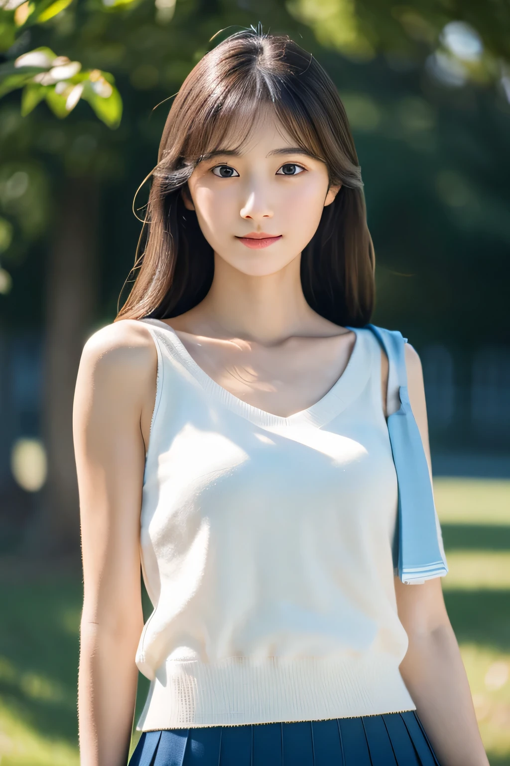 masterpiece, highest quality, Photoreal, Super detailed, finely, High resolution, 8k wallpaper, Professional, Advanced level of detail, Female college student, Slender Japan woman, ((facing the front)), detailed clavicle, Medium chest、perfect face, straight hair, White knit mini dressini skirt fluttering in the wind