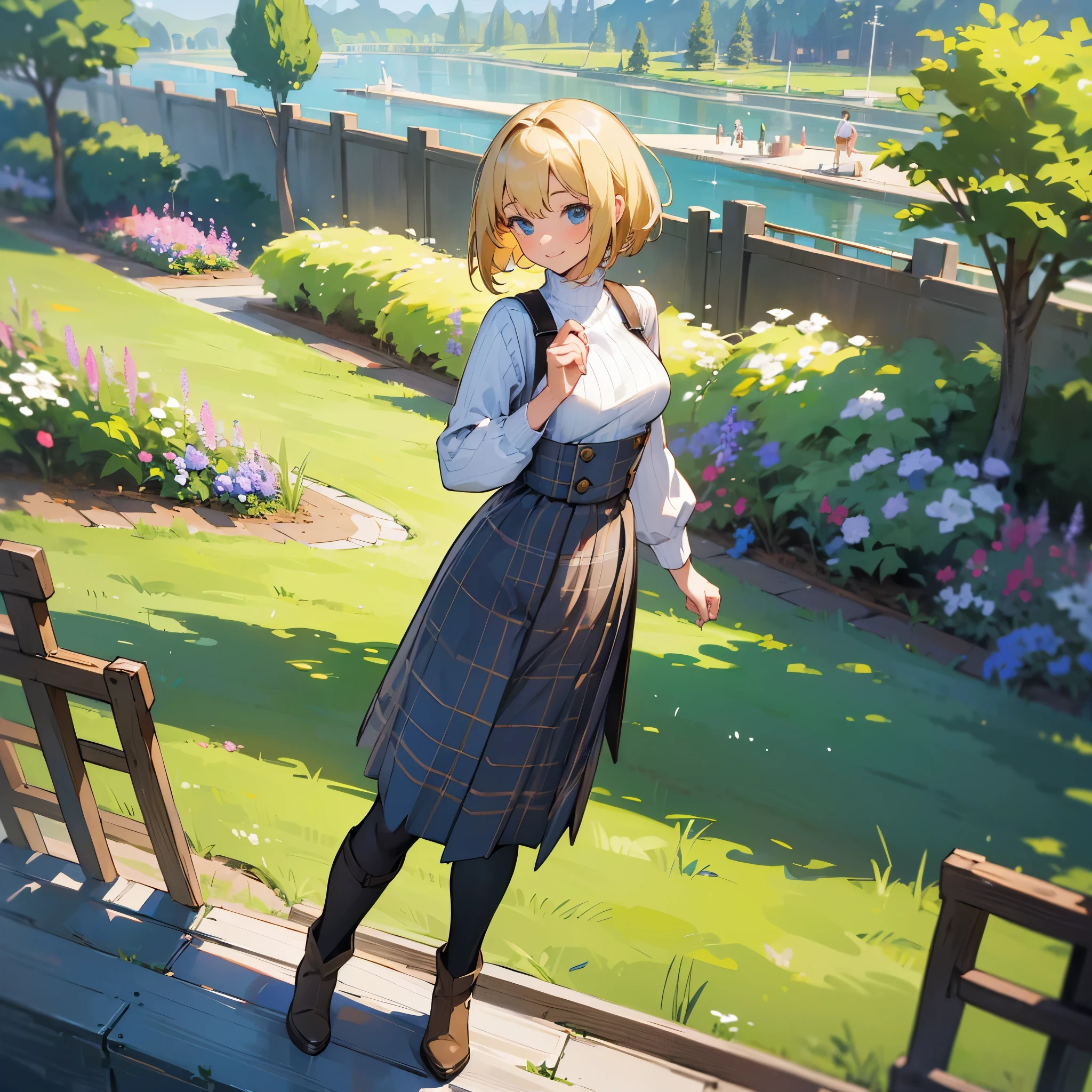 (high quality, High resolution, Super detailed, reality:1.37), peaceful atmosphere, (outdoor, garden), girl standing alone, (my breasts are big.), Beautiful detail features, cute smile, (blonde bob hair), ribbed sweater, blue plaid skirt, black tights, brown boots.