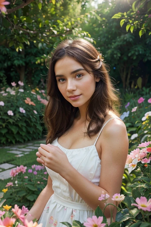 best quality,ultra-detailed,realistic,beautiful girl in a garden,illustration,sharp focus,vivid colors,happy,summer,flowers,butterflies,sunlight,pastel color palette,warm lighting,nature scenery