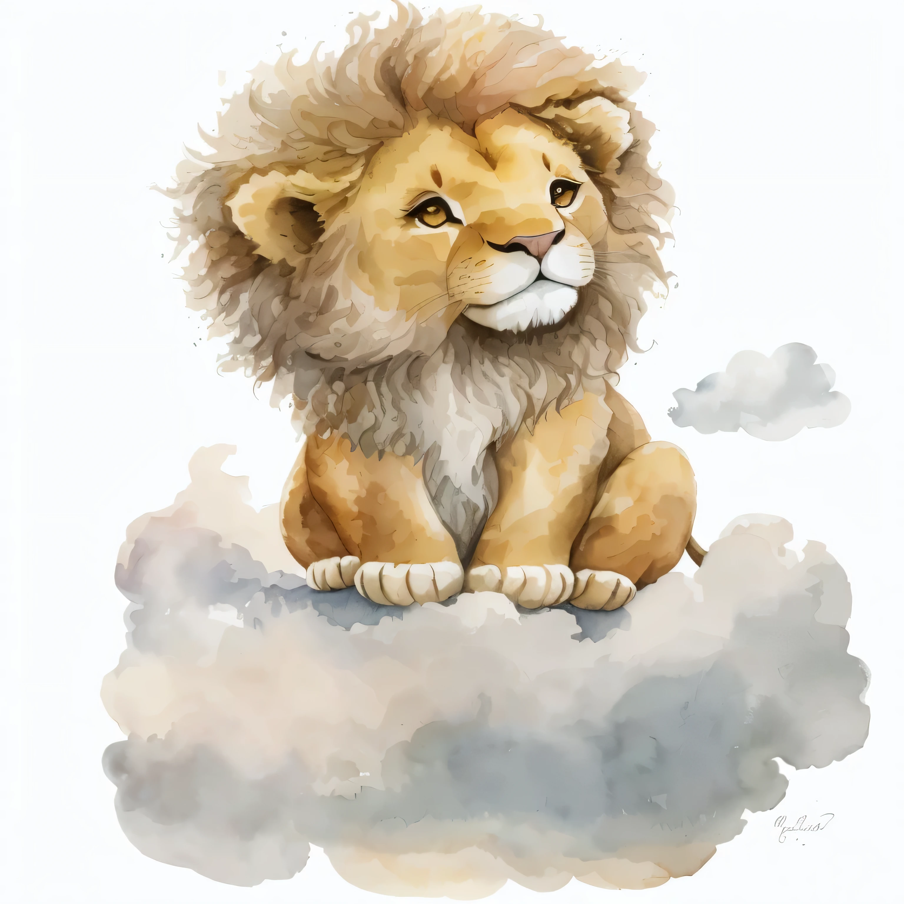 there is a aquarela drawing of a Lion sitting on a cloud, cute Lion, sentado em uma nuvem fofa, aquarela illustration, aslan the Lion, sobre as nuvens, “portrait of a cartoon animal, with the mane of a Lion, nas nuvens, Lion, por Elaine Hamilton, nas nuvens, Nas nuvens, entre as nuvens, wildlife illustration, aquarela, aquarela