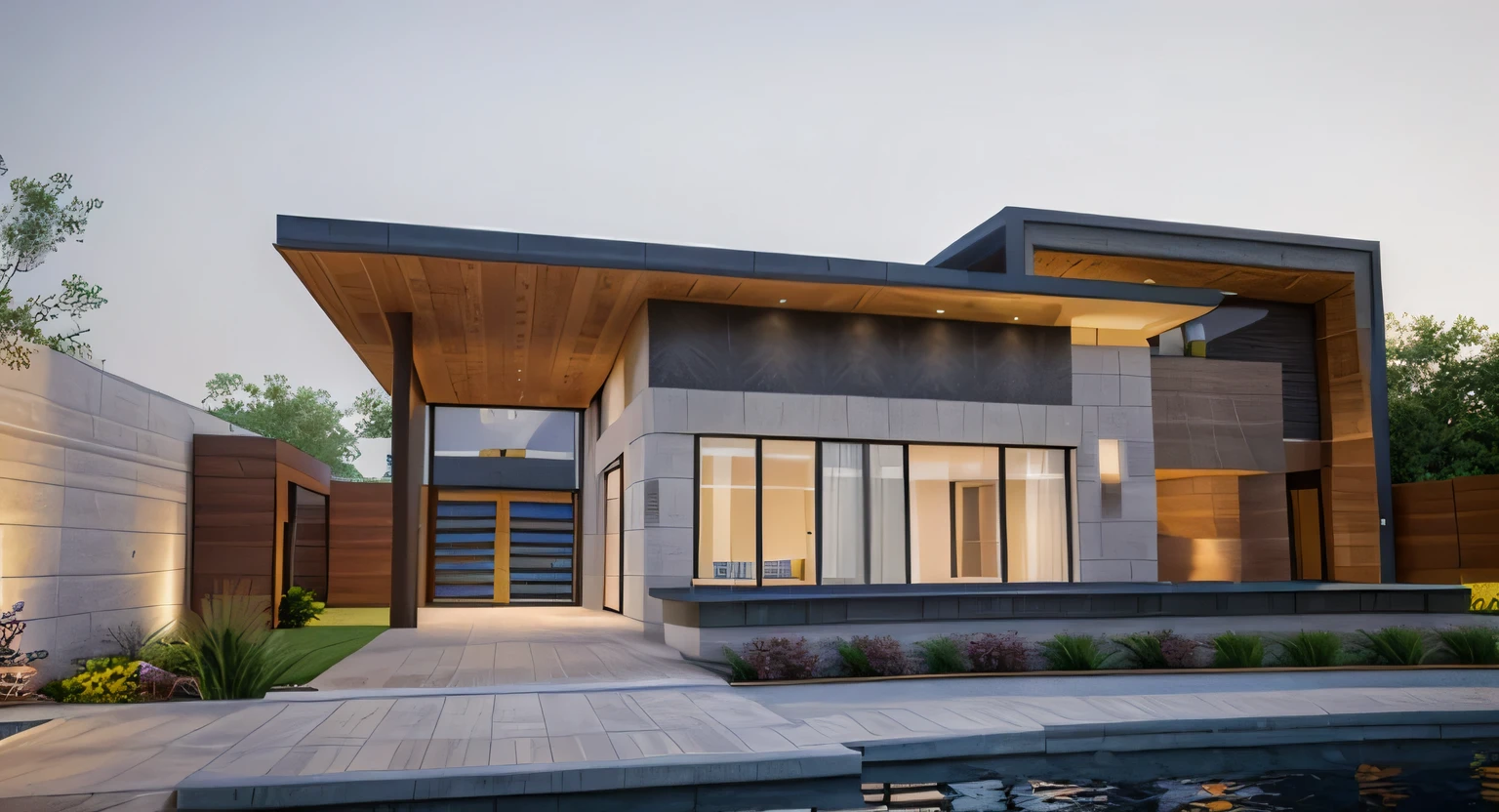 (masterpiece),(high quality), best quality, real,(realistic), super detailed, (full detail),(4k),8k,modern house exterior design,Modern architecture,Beautiful_sky,Day light, no_humans, outdoors,sky,tree,Garden flower front of building,