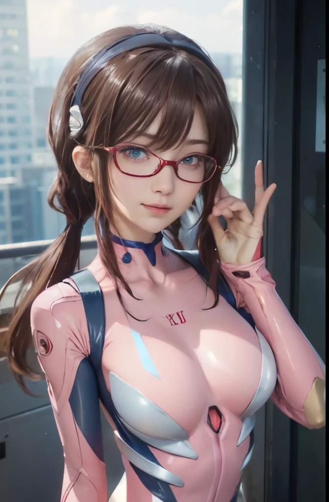 marimakinami, Mari Makinami, blue eyes, brown hair, red glasses,thick neck、thick neck、 head band, twin tails,
break bodysuit, pink bodysuit, plug suit,
break outdoors, city,
break looking at viewer, 
break (masterpiece:1.2), highest quality, High resolution, unity 8k wallpaper, (figure:0.8), (detailed and beautiful eyes:1.6), highly detailed face, perfect lighting, Very detailed CG, (perfect hands, perfect anatomy),