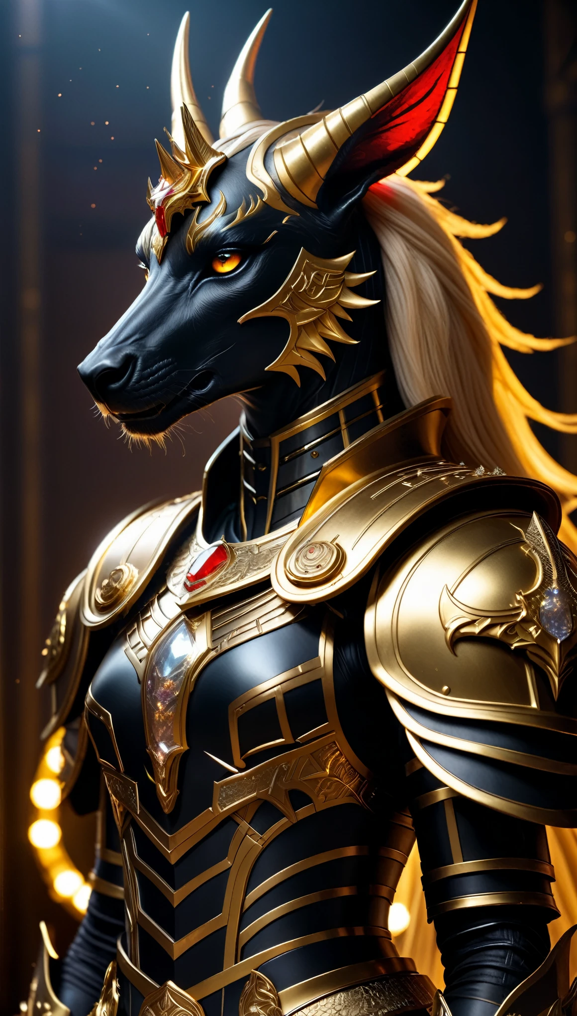 movie lighting, Horned golden-headed creature, Portrait of Dragon Knight, Mysterious Anubis Valkyrie, Super detailed fantasy characters, Robot dragon portrait, Sleipnir&#39;s photo, ghost of anubis, 4K detailed fantasy artwork, Polaroid Trend, zbrush contest winner, Created using zbrush, zbrush central tournament, warrior on horseback, (Covered in blood from head to toe)., v-shaped eyebrows, chiaroscuro, sparkle, diffraction spikes, overexposure, UHD, masterpiece, ccurate, anatomically correct, super detail, high details, award winning, best quality, highres, high quality