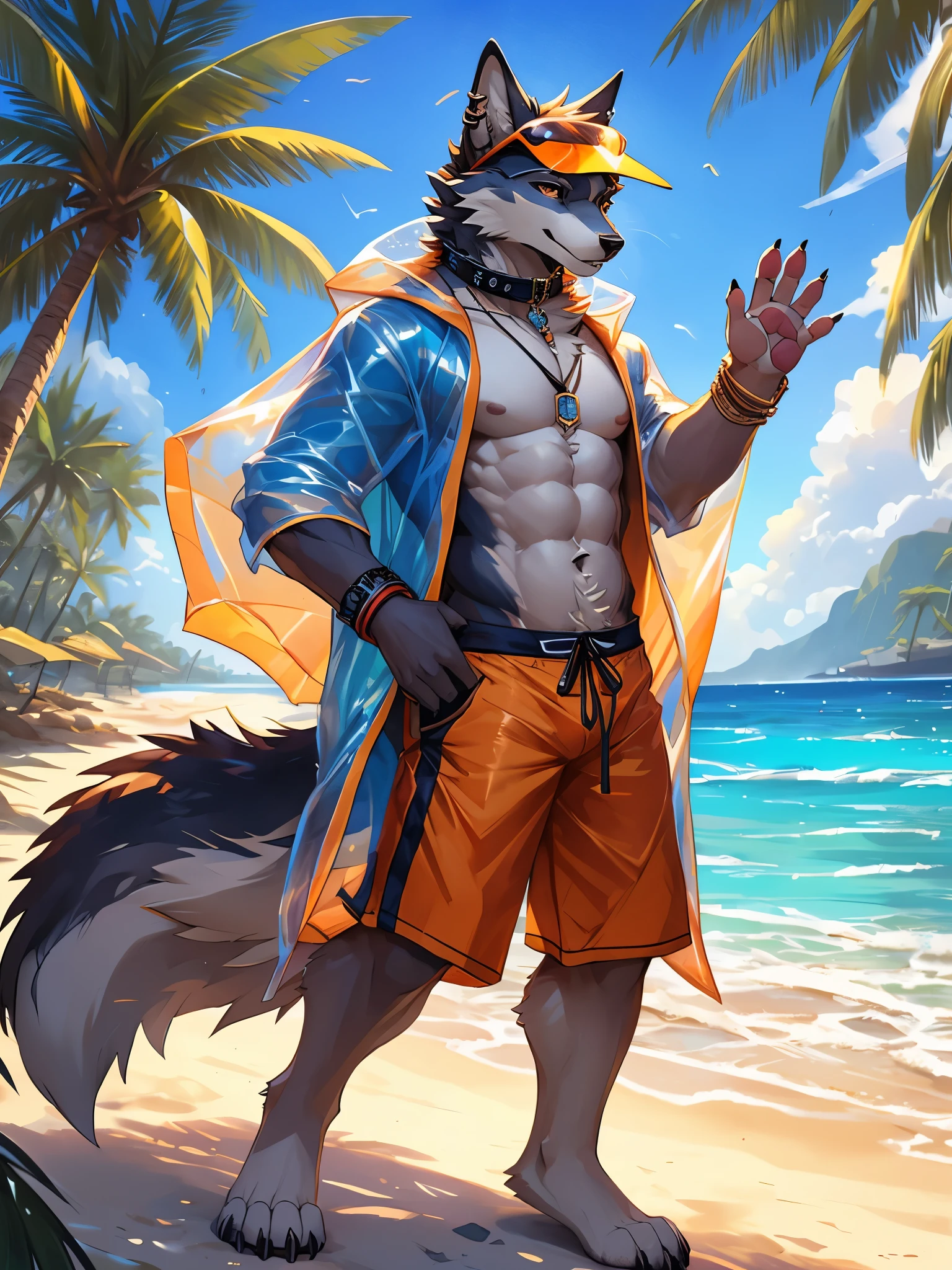 masterpieces, perfect anatomy, scenic, bokeh, water color \(style\), detailed background, niji.
solo, male, (slim male), abs, wolf, furry.
claws, pawpads, fang, collar, wristband, fluffy tail, belly tuft, sun visor, ((transparent raincoat)), open clothing, (orange-shorts), [ear piercing].
radiant, pose, (waving).
wind, windy, sun, beach, coconut tree.
by greg rutkowski, by rembrandt, by Pino Daeni.