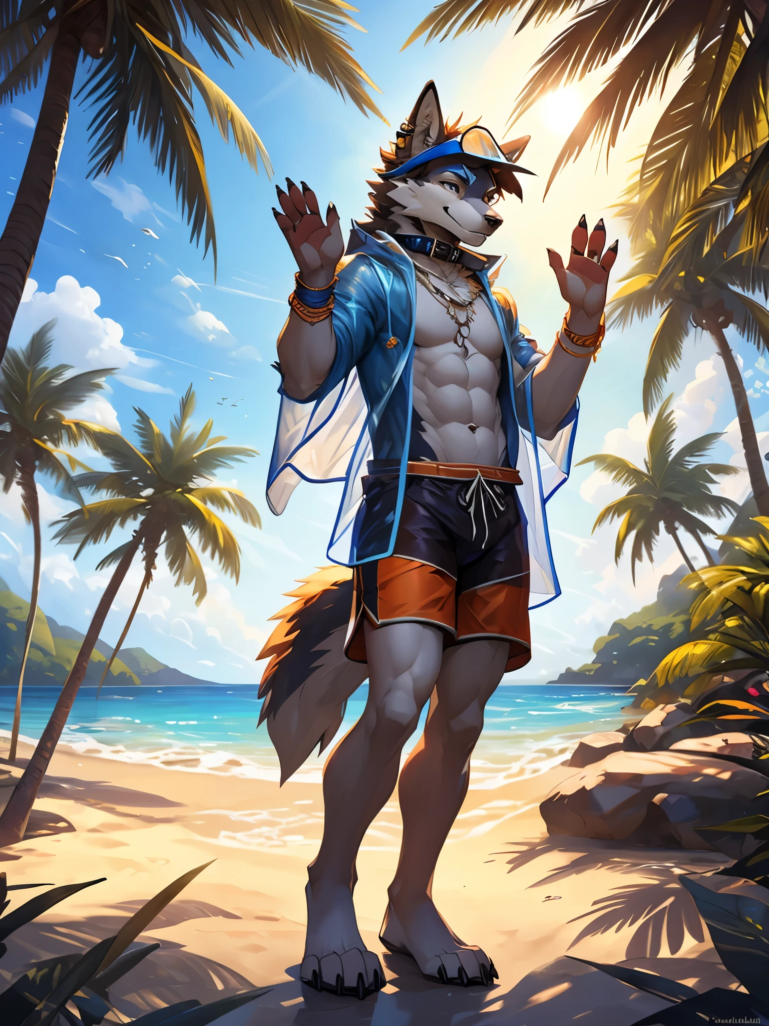 masterpieces, perfect anatomy, scenic, bokeh, water color \(style\), detailed background, niji.
solo, male, (slim male), abs, wolf, furry.
claws, pawpads, fang, collar, wristband, fluffy tail, belly tuft, sun visor, ((transparent raincoat)), open clothing, (orange-shorts), [ear piercing].
radiant, pose, (waving).
wind, windy, sun, beach, coconut tree.
by greg rutkowski, by rembrandt, by Pino Daeni.