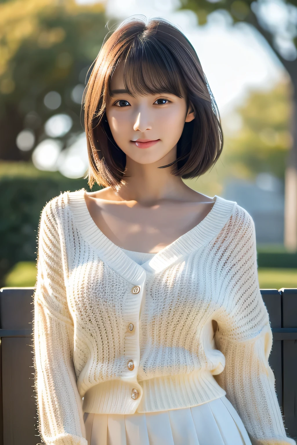 masterpiece, highest quality, Photoreal, Super detailed, finely, High resolution, 8k wallpaper, Professional, Advanced level of detail, Female college student, slender Japanese woman, ((facing the front)), detailed clavicle, Medium chest、perfect face, straight hair, white sweater、Mini flared skirt fluttering in the wind