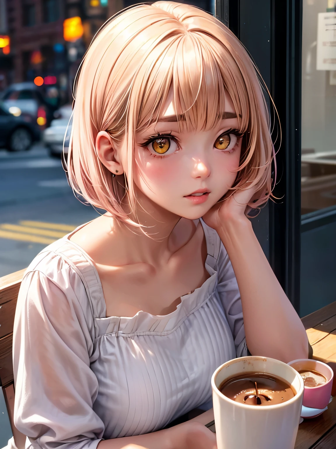 Cafes in New York、drinking coffee on the outdoor terrace、highest quality, 20 year old woman,Shadow, yellow eyes、 pink gold short bob、bangs above the eyebrows、short bangs、,Upper body,random reflections,natural skin texture,Face looking up,drooping corners of the eyes,soft light,sharp,
