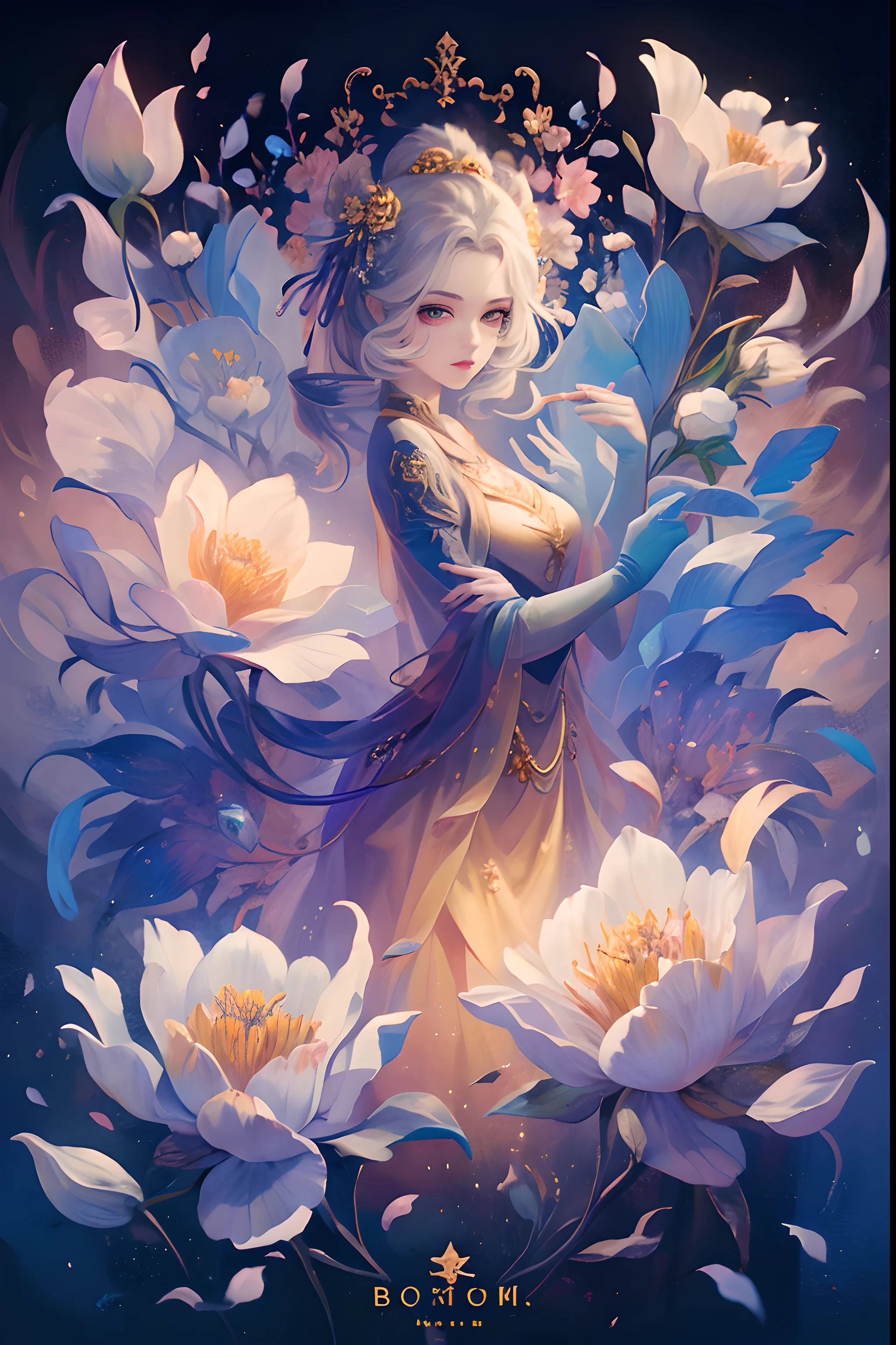 [tarot cards:1.4]，Symmetrical，Daughter，full body lesbian，Hands together，flowers bloom，（Very detailed:1.1），masterpiece，Super fine，best quality，8K