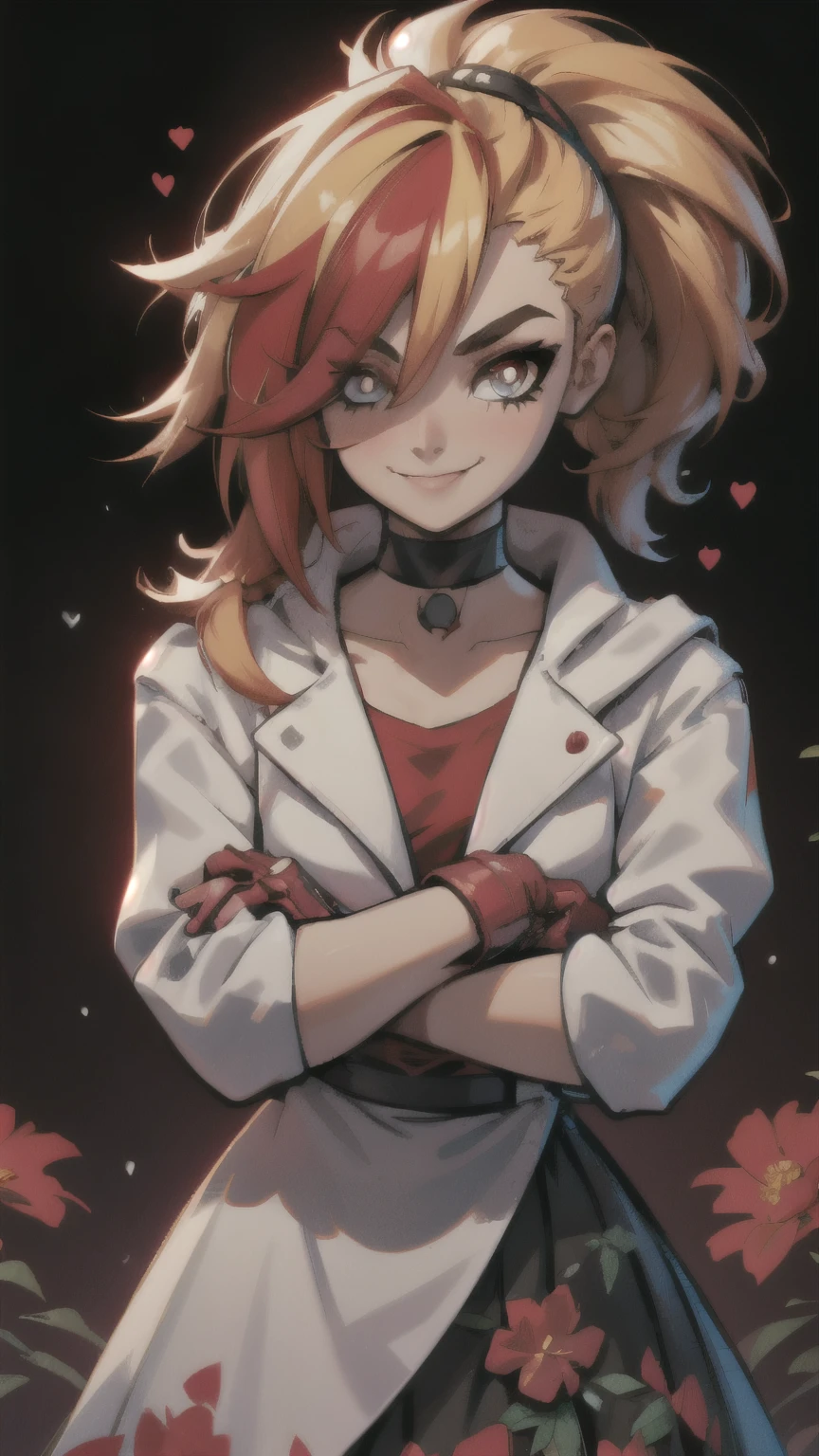 (best quality:1.2),solo,1girl,mdrin,smile,looking at viewer,crossed arms,ponytail,v-shaped eyebrows,white jacket,red shirt,fingerless gloves,black skirt,choker,illustration,floral garden background,warm color tones,soft lighting, Hair over one eye, ultra long hair