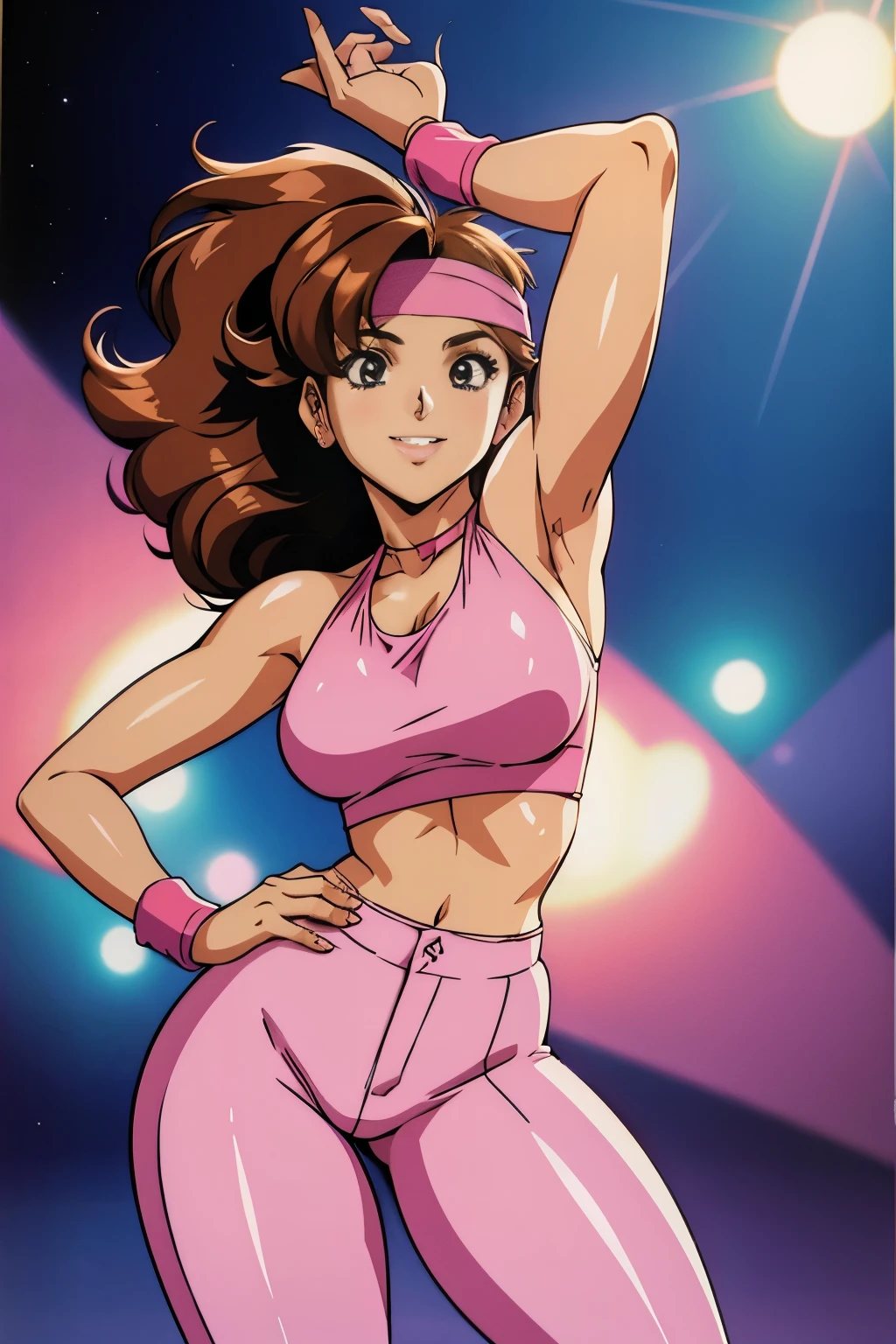 pretty girl from an 80s anime, 80s anime fog, static like from an 80s anime, 1980s \(style\), straight hair, medium hair, smiling, action anime, dancing, arms out, thick thighs, bandana, headband, round sunglasses, disco outfit, flare pants, disco girl outfit, young girl, brown hair, halter top,