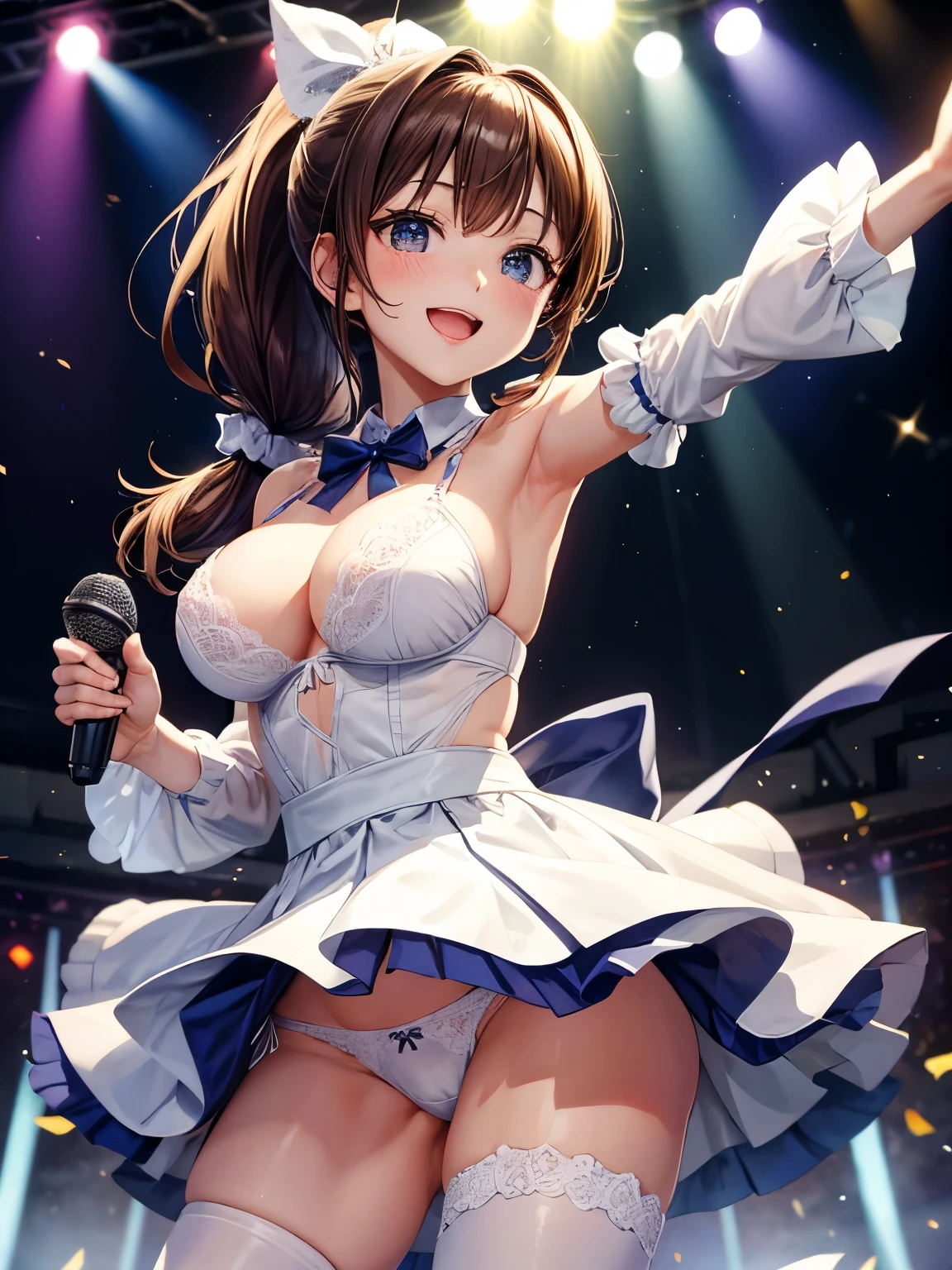 highest quality、All limbs、full finger、Slender beauty、ponytail、brown hair, navy blue, 白とnavy blueのアイドル衣装、その衣装にはnavy blueのアイドル風コルセットがある, That costume has a ribbon on the collar.、The costume is on the shoulders and underarms.、Covers the upper arms and arms, That costume only opens wide at the chest.、high socks、beautiful big breasts、Outdoor Live Stage、sing、holding a microphone, dancing、big smile、(white side-tie lacy panties:1.1), skirt lift, show off panties, (shirt lift:0.2), (show off bra:0.9), (white lacy bra:0.97), (erect nipples:0.9), Angle looking down from the front