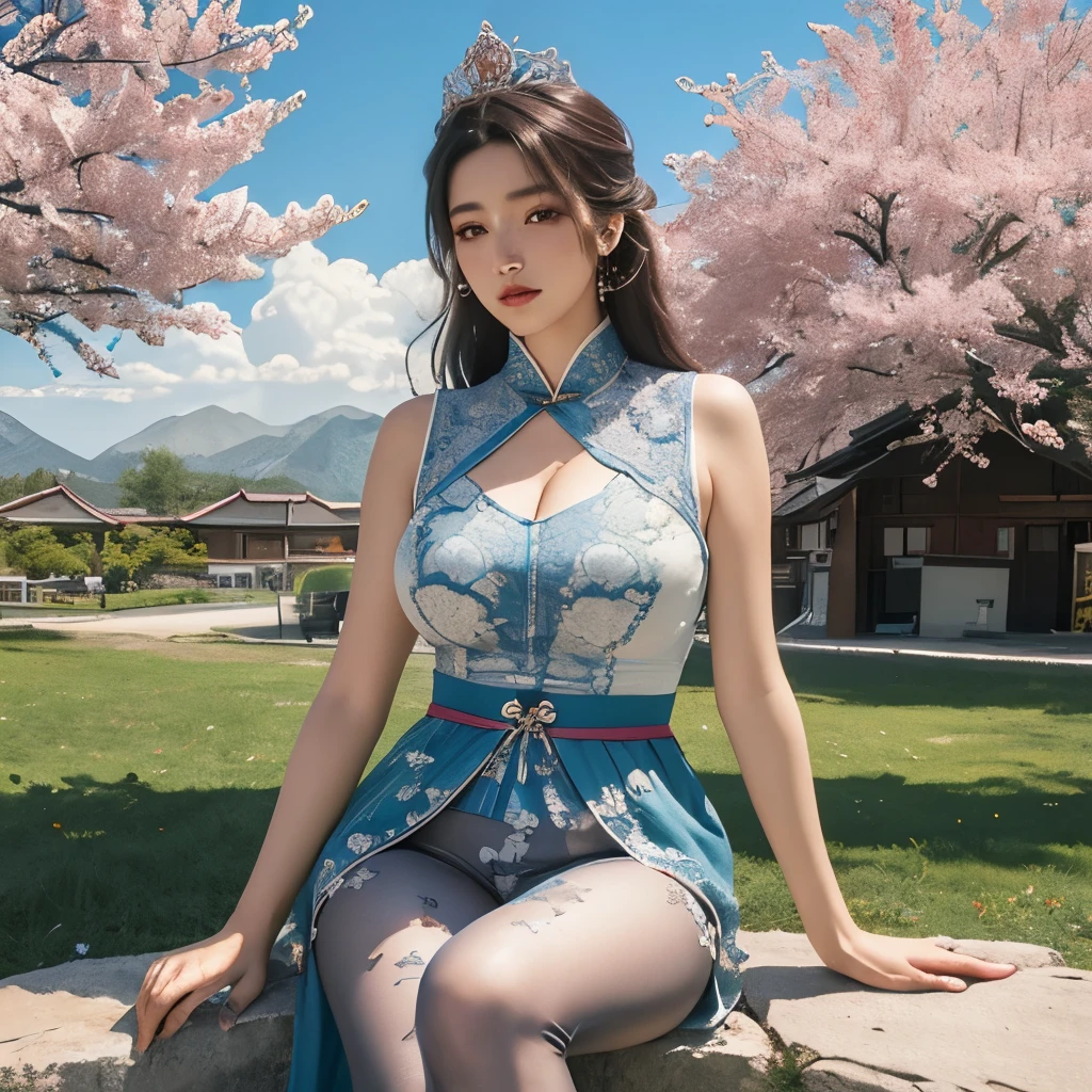 Blue sky and white clouds，Yunshan in the distance，pink flowers，Cherry tree，Hanfeng girl,Phoenix Crown Tiara、dense embroidery、Wearing Hanfu pantyhose、Wearing sleeveless Hanfu、Transparent pants can be clearly seen、Look at Wari’s super big breasts、raw,(8K、top quality、masterpiece:1.8)、(intricate details:1.8)、(Realism:1.8)、Octane number renderings、Complex 3D renderings with ultra-details, Studio soft light, rim light, Vibrant details, Ultra-detailed, Realistic skin texture, Detailed face, beautiful eyes, Very detailed CG Unity 16k wallpaper, cosmetics, (Detailed background:2.0), skin glow、spread your legs，Camel toe showing thigh!!!、