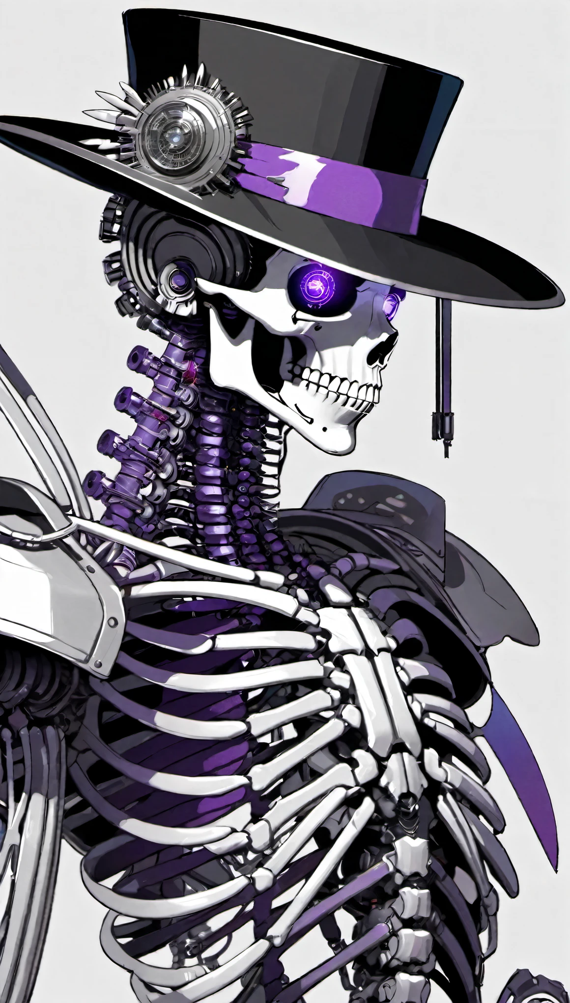 (Pencil_Sketch:1.2, messy lines, greyscale, traditional media, sketch),There is a photo of purple eyes, Cyberpunk Art by Justin Gerrard, cgsociety contest winner, afrofuturism, Intricate skeleton robot,Wearing a metal wide-brimmed hat, Beautiful biomechanical deity, translucent, Deep cyberpunk skeleton man, portrait of space, Biomechanical half-skeleton man, colorful punk, detailed portrait,heart shaped collar, cosmetic, Smile, Art Deco, rococo style, high detail, concept art, On Art, Chromatic aberration abuse, rounded corners, Caustics, diffraction peak,(full body portrait:1.5) ultra high definition, Super details, high details, high quality, high resolution, 16K