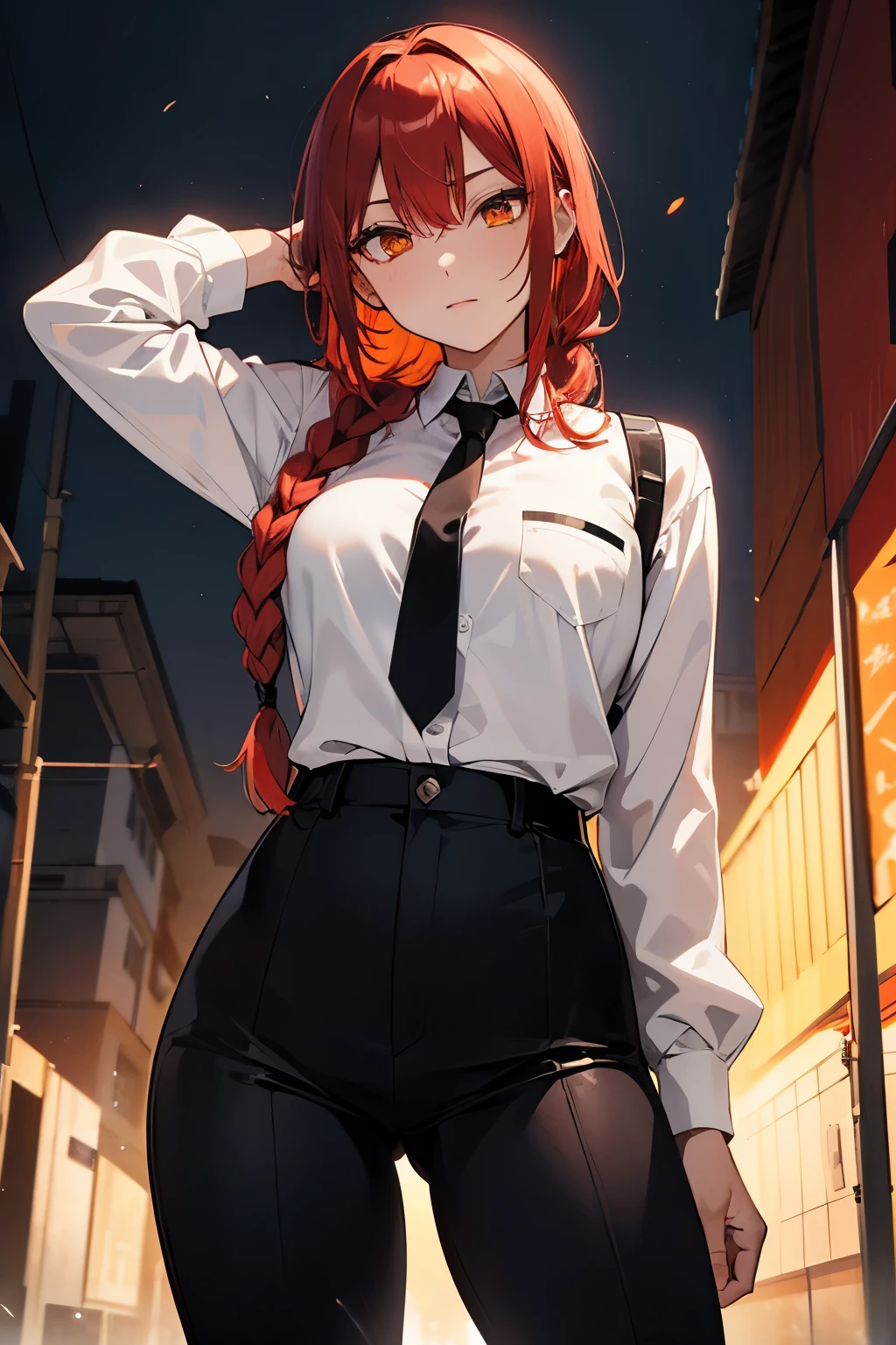 makima \(chainsawman\), red hair in one braid, golden eyes, horror background, sexy, wearing a white shirt black pants and black tie