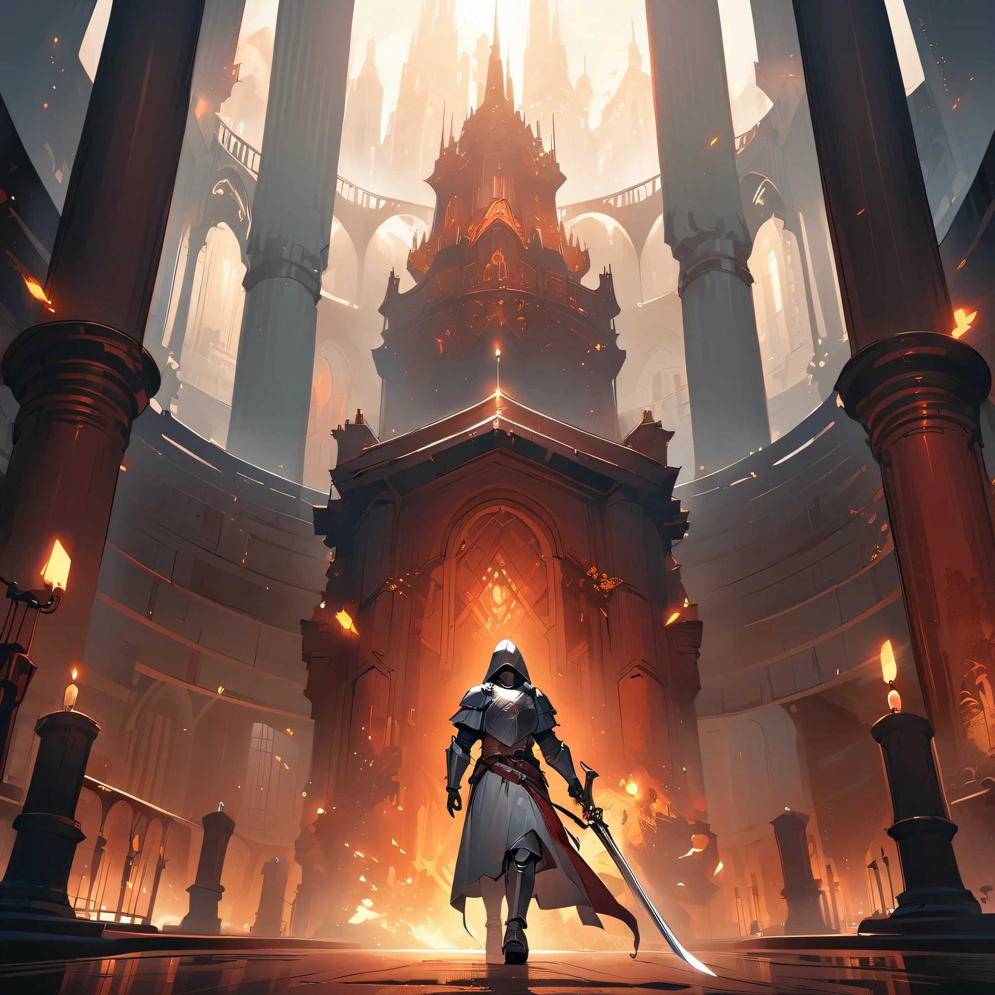 arknight, Doutor,Knight in detailed silver armor with double-edged sword in right hand, volumetric light, oil painting, 16mm, low angle shot around a large medieval hall with columns. arte de Yoji Shinkawa, symmetrical Qireatár iris, approaching perfection, forma pura, minimalista, isometric, arte conceitual de Brian Froud, de Griffiths Carne, de Wadim Kashin, Direction: John William Waterhouse, detalhes intrincados, 8k post production, high resolution, Tanvir Tamim, hiperdetalhado, Trends in Artstation, sharp focus, studio photo, detalhes intrincados, altamente detalhado, Tenente Greg Rutkowski.
