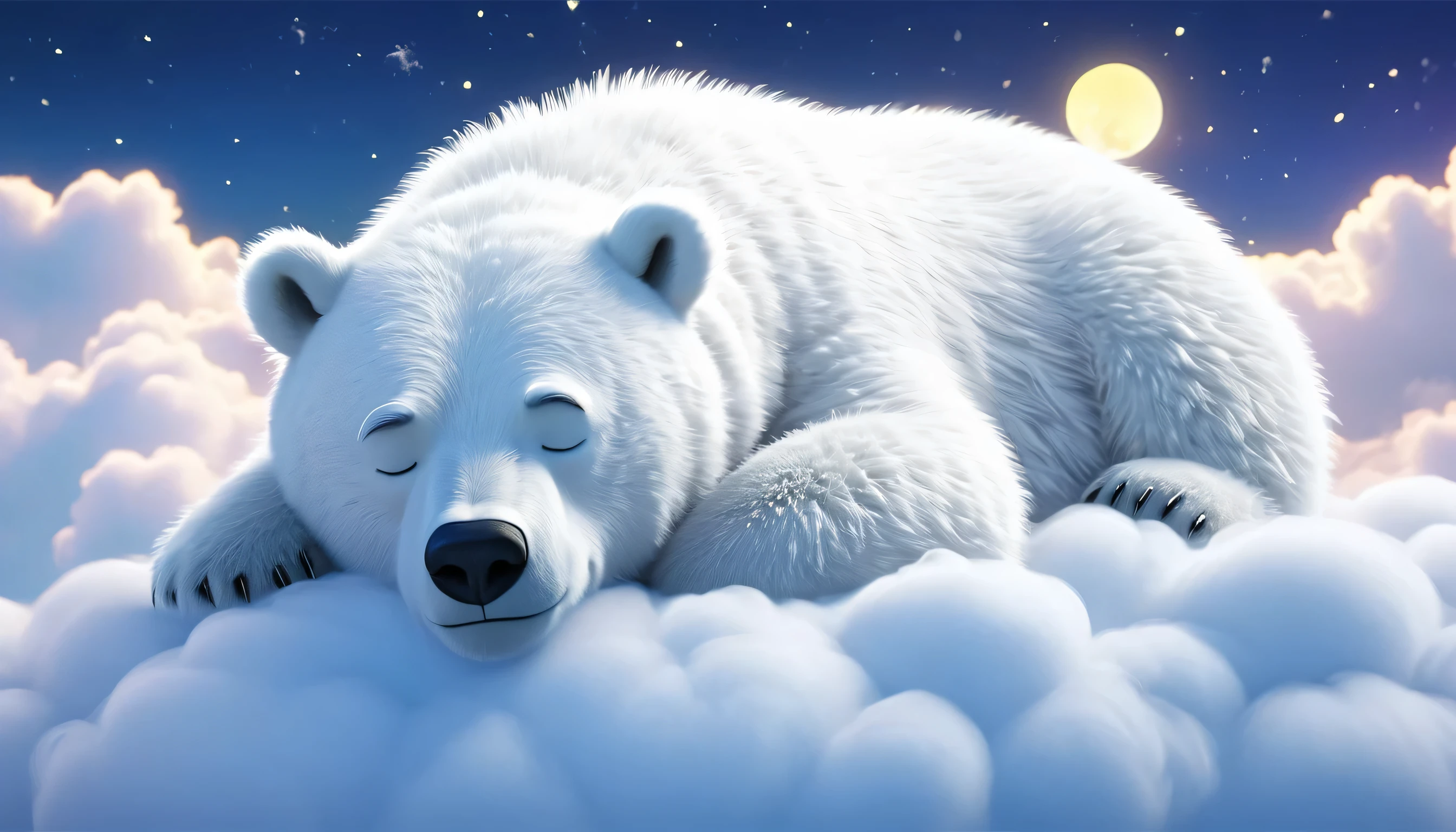 there is a white bear that is sleeping on a cloud, Sweet dreams, sleep with love, sleepy, Rising in popularity on cgstation, sleep, sleeping, dreamy night, dreamy, .. if only i could sleep, 드림웍스 animated movie 스타일, Good night, Cold freezing night, animated movie,