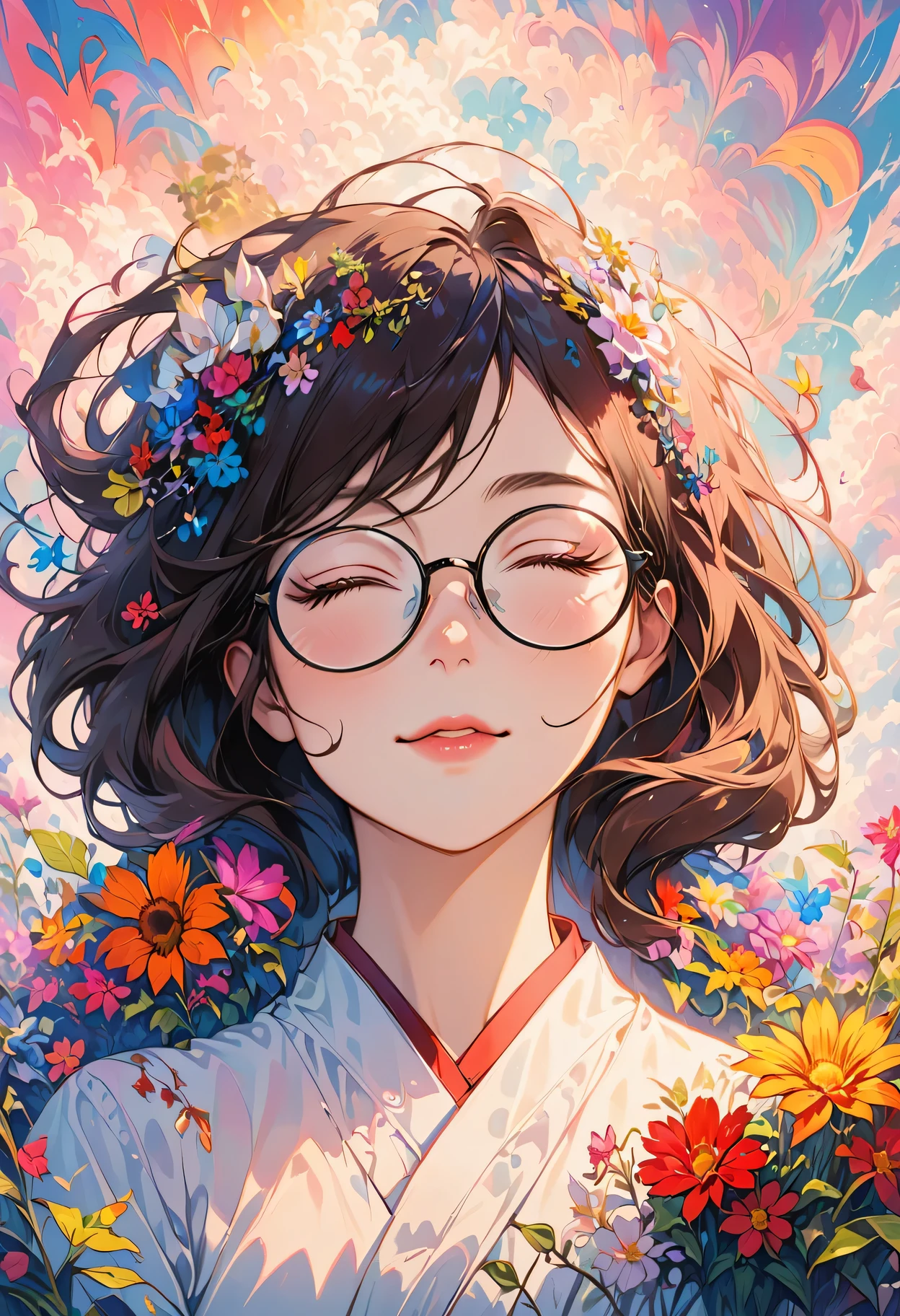 (psychedelic art:1.5), (from below:1.2), complicated clothes, Upper body, eyes closed,a teacher, wear glasses, （There are dozens of flowers around：1.4）, Upper body lens，(happy:1.2)