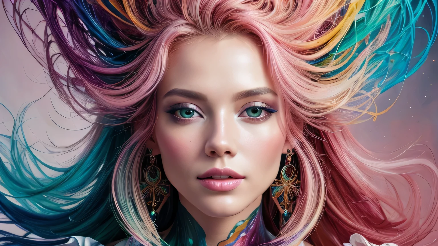 Mulher bonita e colorida: Mulher de 25 anos, Messy hair, oil painting, beautiful and rosto perfeito with soft skin, rosto perfeito, pink green cores, light and violet magnetic additions, light red additions, Doutor, wearing Doutor's coat or suit holding newborn baby on lap intricate details home screen masterpiece in 8k resolution beautiful face photorealistic digital painting artstation smooth fluid black paint: Photorealistic masterpiece in 8K resolution: fluido de pintura em guache intrincadamente detalhado: by John Baptist Mongue: caligrafia : acrylic: Arte em aquarela, fotografia profissional, natural lighting, Ilustra??o fotografica maximalista com ilumina??o volumetric: por Marton Bobzert: complex, elegante, expansivo, Fantastic