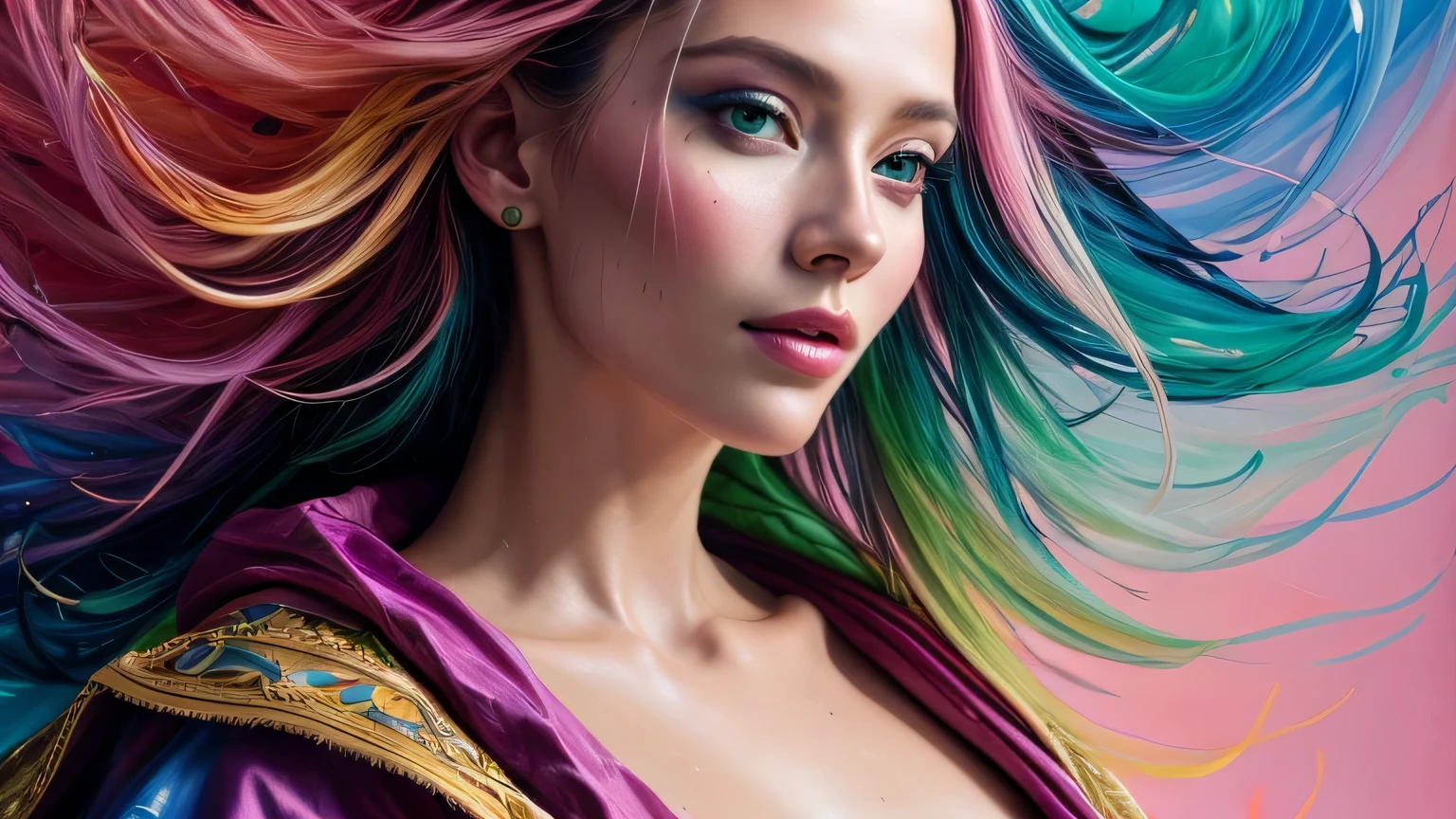 Mulher bonita e colorida: Mulher de 25 anos, Messy hair, oil painting, beautiful and rosto perfeito with soft skin, rosto perfeito, pink green cores, light and violet magnetic additions, light red additions, Doutor, wearing Doutor's coat or suit holding newborn baby on lap intricate details home screen masterpiece in 8k resolution beautiful face photorealistic digital painting artstation smooth fluid black paint: Photorealistic masterpiece in 8K resolution: fluido de pintura em guache intrincadamente detalhado: by John Baptist Mongue: caligrafia : acrylic: Arte em aquarela, fotografia profissional, natural lighting, Ilustra??o fotografica maximalista com ilumina??o volumetric: por Marton Bobzert: complex, elegante, expansivo, Fantastic