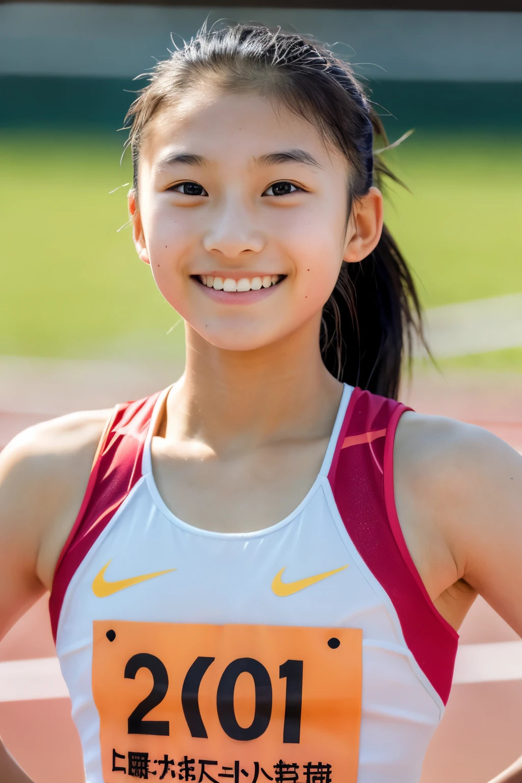 (Beautiful 8 year old Japanese woman), cute face, (deeply carved face:0.7), (freckles:0.6), dramatic lighting, shy, pony tail, (smile), (sparkling eyes), slender,track and field athlete,  white tank top, whole body, long jump