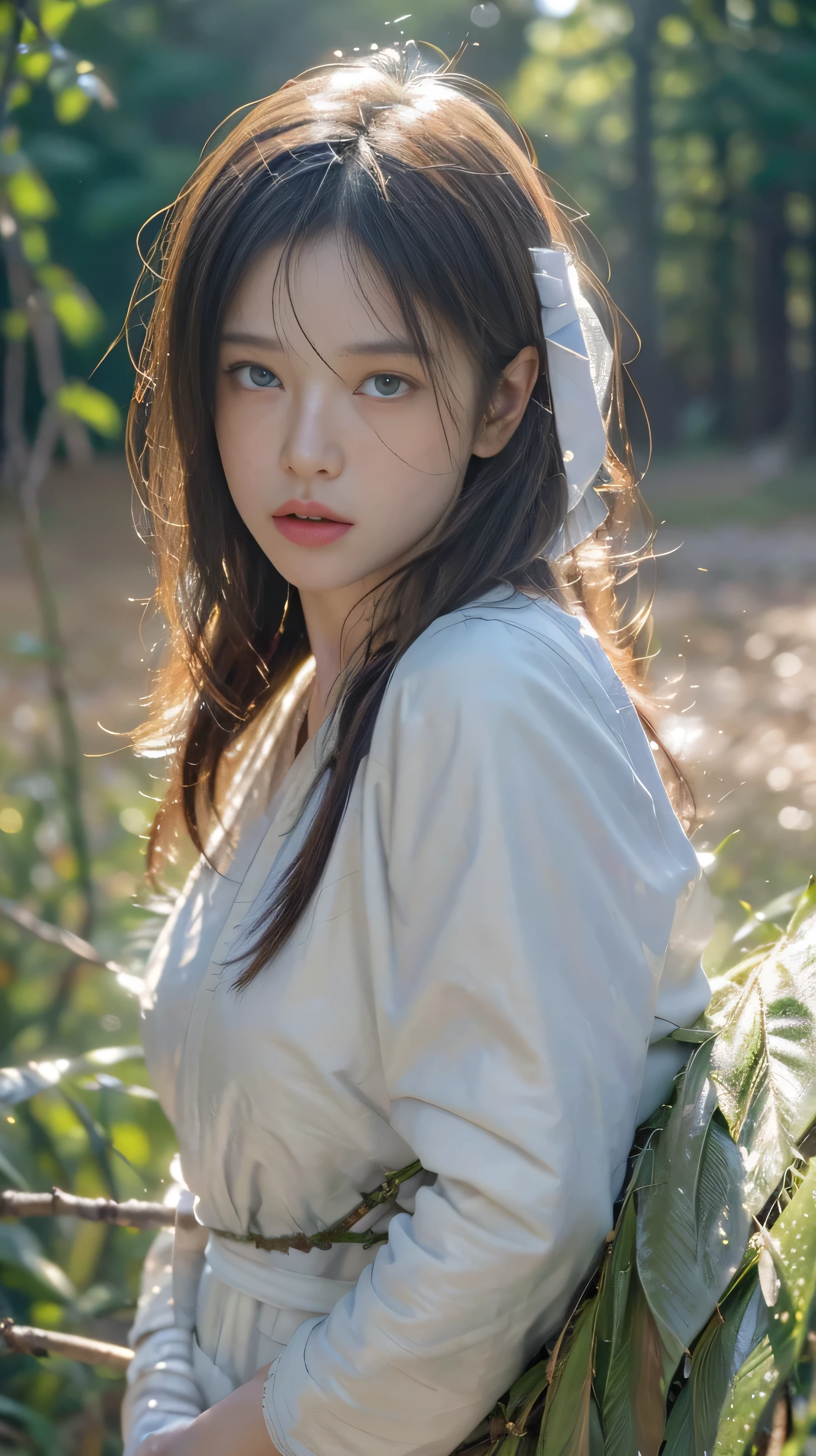 8k, best quality, Masterpiece, Ultra high resolution, (realism: 1.6), original photo, (Realistic skin texture: 1.4), (Film texture: 1.5), ( Portrait ) , 1 girl, goddess , A long, white fairy dress with a pronounced tree branch pattern.. , Beautiful Eyes and Facial Details, Masterpiece, best quality, far , See the whole body. , looking at the audience