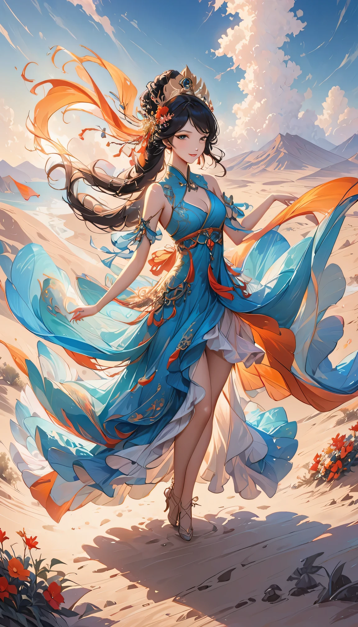 A woman dressed in blue and orange stands in the middle of the desert, Belly dancer, dance smart dance, dancing gracefully, Like a swan, Beautiful fantasy queen, full body fairy, Gorgeous Chinese model, fantasy shooting, Chinese fantasy, colorful rich fantasy clothing, Sea Queen Mu Yanling, Oriental Fantasy, Fascinating role play, beautiful chinese girl, Silk flutters in the wind, Sexy back, Exquisite facial features
