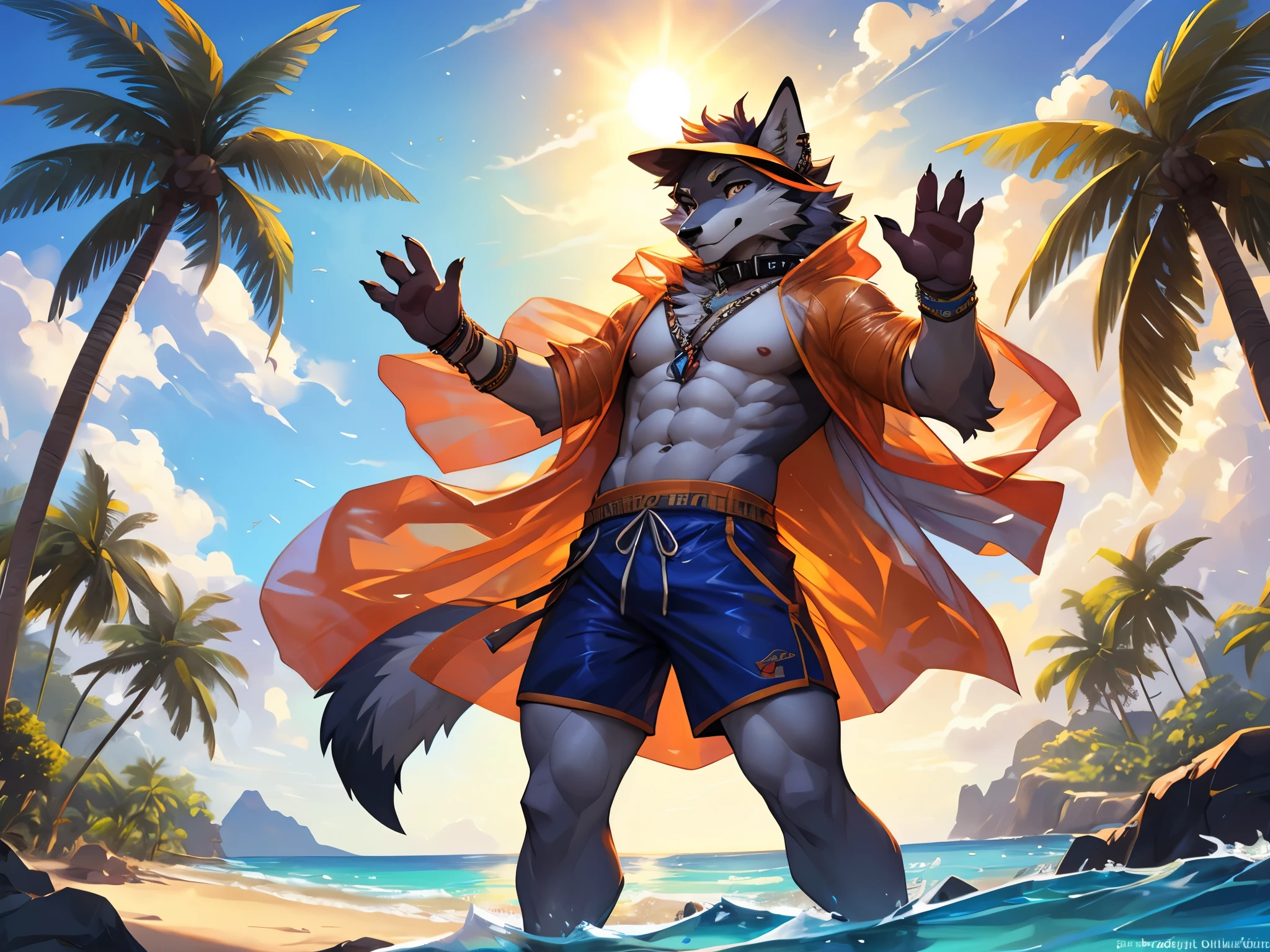 masterpieces, perfect anatomy, scenic, bokeh, water color \(style\), detailed background, niji.
solo, male, (slim male), abs, wolf, furry.
claws, pawpads, fang, collar, wristband, fluffy tail, belly tuft, sun visor, ((transparent raincoat)), open clothing, (orange-shorts), [ear piercing].
radiant, pose, (waving).
wind, windy, sun, beach, coconut tree.
by greg rutkowski, by rembrandt, by Pino Daeni.