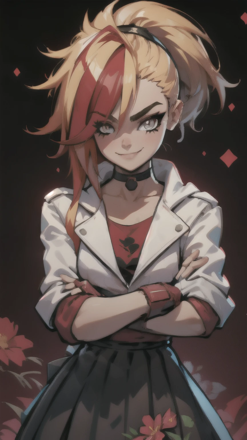 (best quality:1.2),solo,1girl,mdrin,smile,looking at viewer,crossed arms,ponytail,v-shaped eyebrows,white jacket,red shirt,fingerless gloves,black skirt,choker,illustration,floral garden background,warm color tones,soft lighting, Hair over one eye, ultra long hair