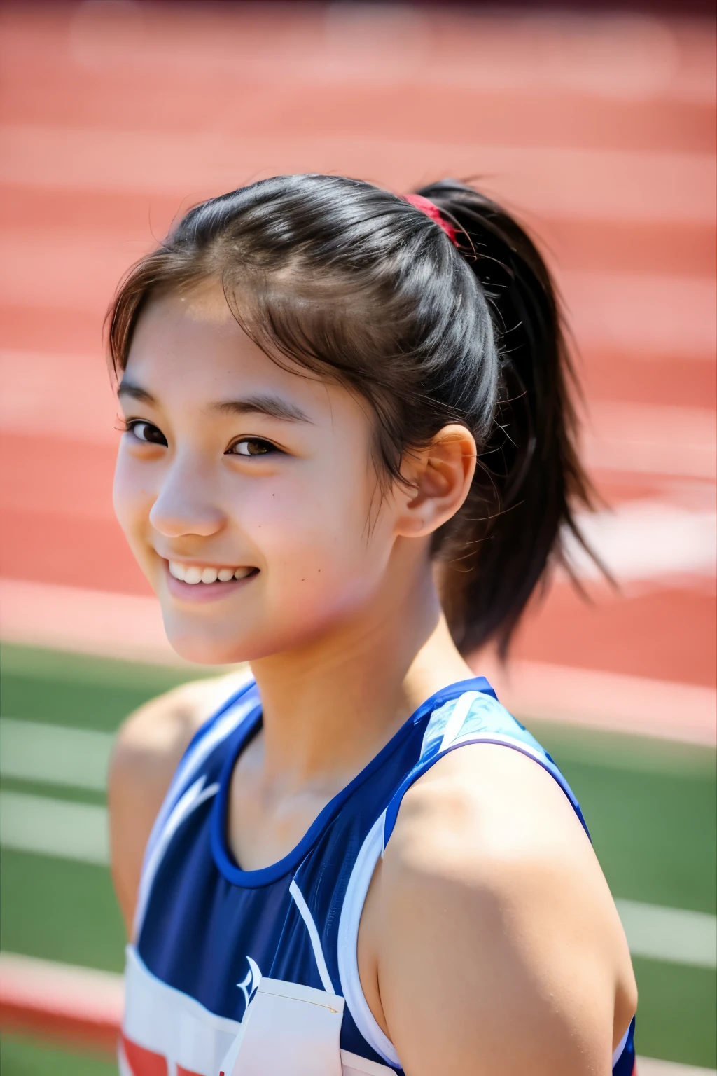 (Beautiful 12 year old Japanese female track and field athlete), cute face, (deeply carved face:0.7), (freckles:0.6), dramatic lighting, shy, ponytail, (smile), (sparkling eyes), thin, athletics stadium, athlete, slender